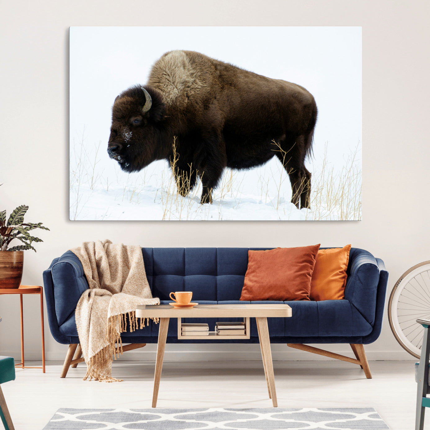76778120-MGV-CV-36X24-Bison Wall Art Canvas Print – Framed Western Wildlife Buffalo Snow Rustic Nature Scene Artwork for Home Office