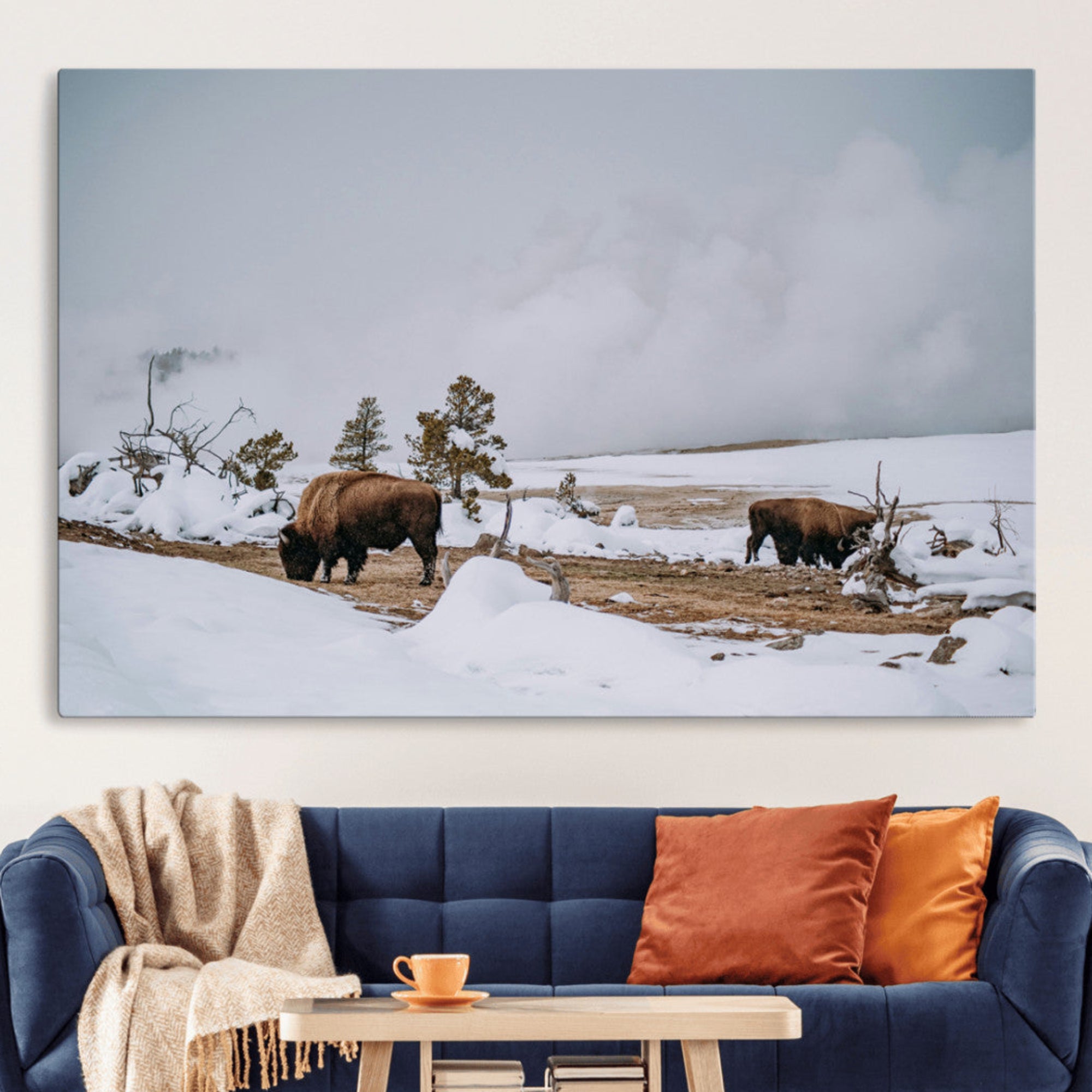 Two bison grazing in a snowy open landscape with misty hills in the background, creating a peaceful and rustic winter scene.