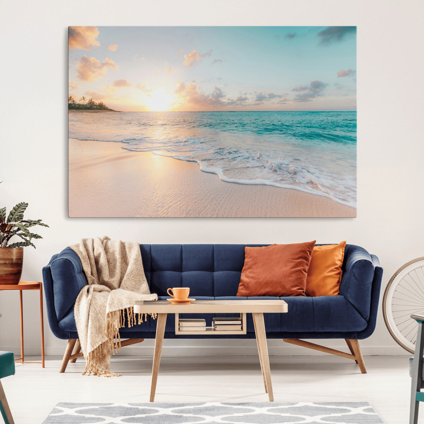 Golden sunset over a tropical beach with gentle ocean waves and soft white sand, creating a peaceful and relaxing coastal scene.