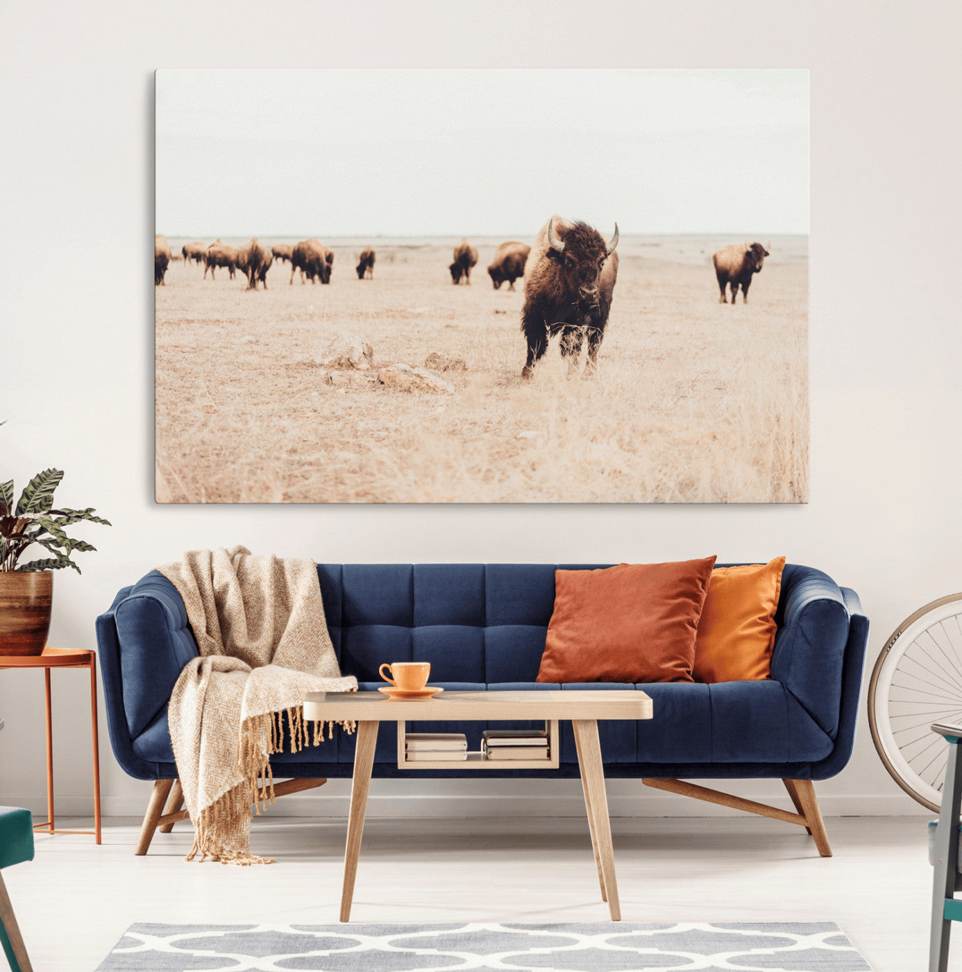 61367865-MGV-CV-36X24-Bison Herd Wall Art Canvas Print – Framed Western Prairie Serenity Ranch Nature Scene Artwork for Home Office