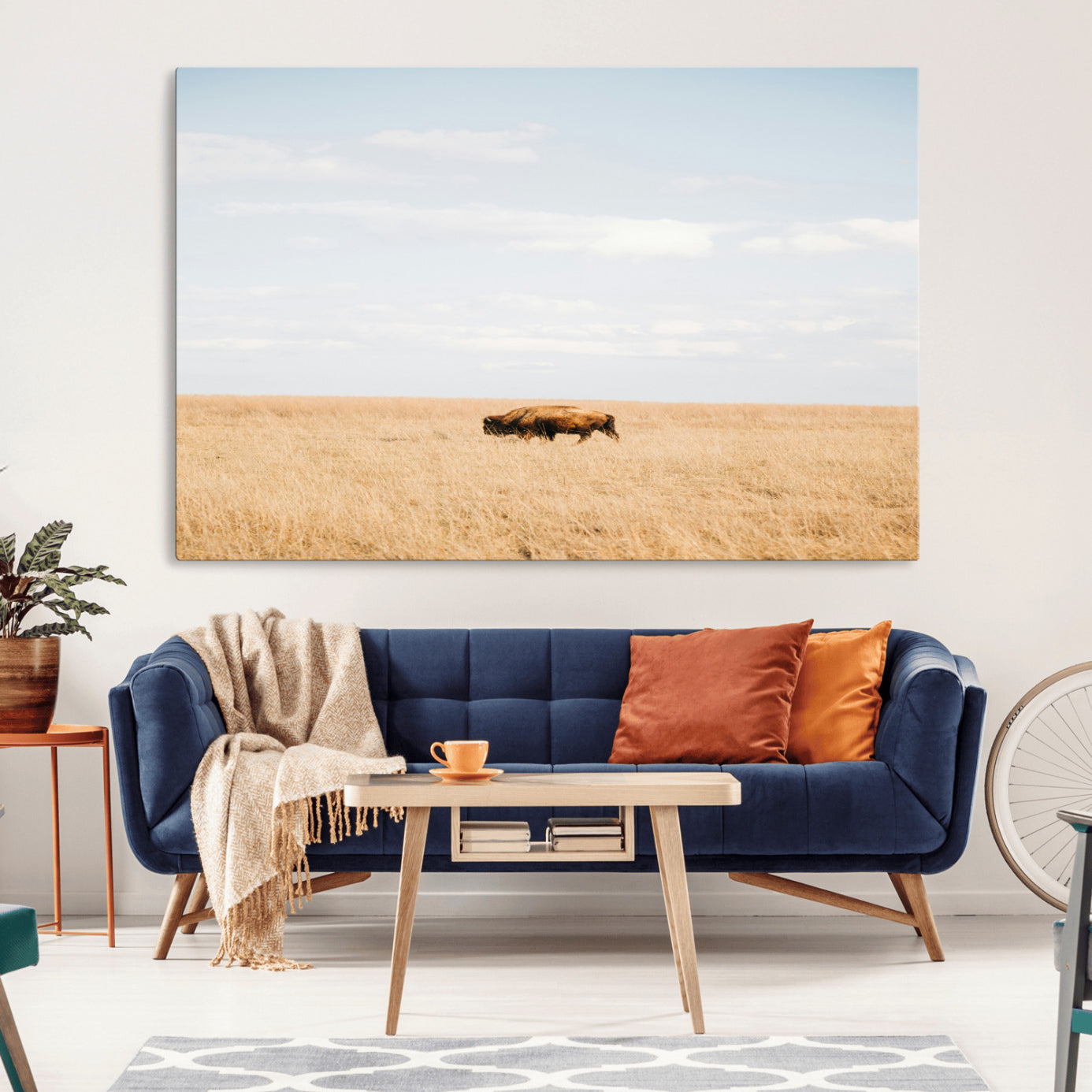 MGV-CV-36X24 - Minimalist Nature Wall Art Canvas Print, Framed Bison In Grassland Art Picture Print, Open Field Perfect Modern Ranch Decor Decor Artwork