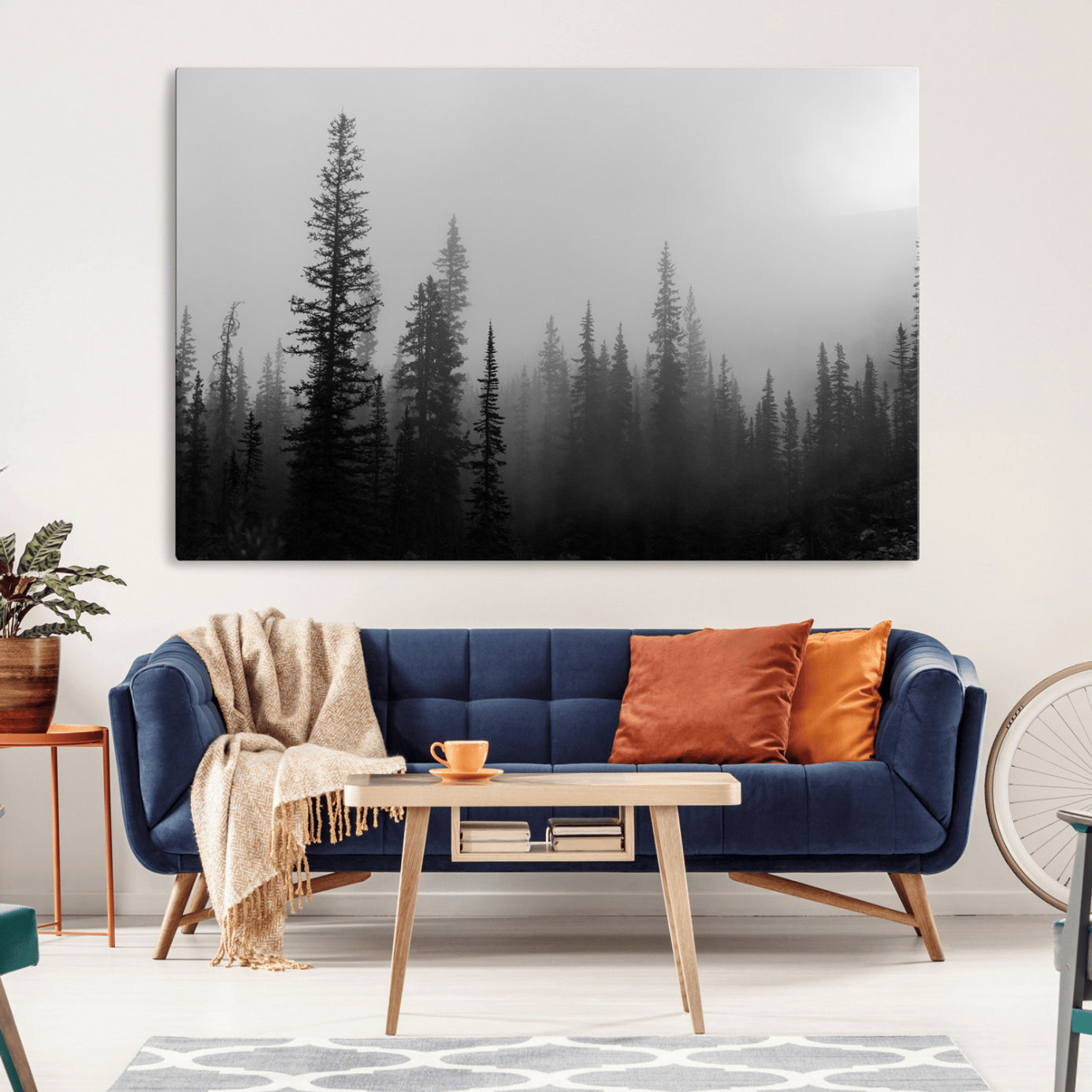 Black and white foggy forest with tall pine trees fading into mist, creating a moody and tranquil atmosphere, ideal for minimalist wall art.
