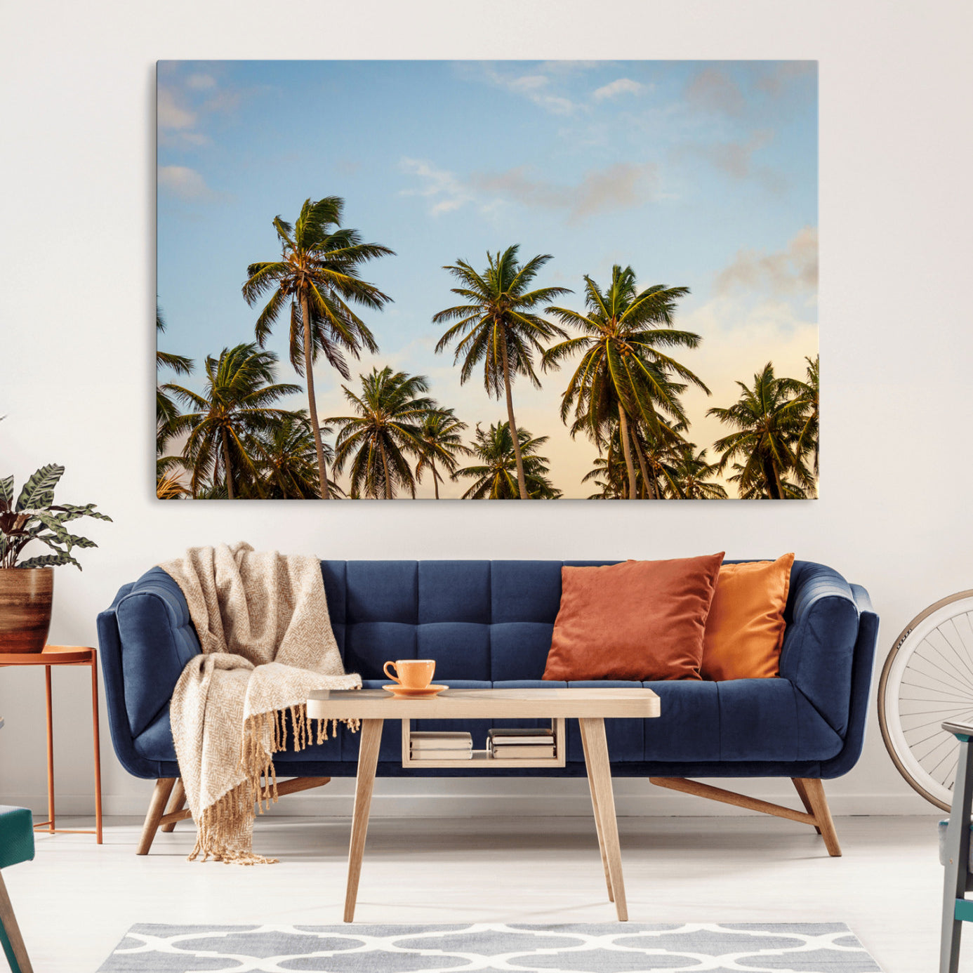 Tall palm trees swaying under a soft sunset sky, creating a tropical and relaxing atmosphere, perfect for coastal and beach-inspired wall art.