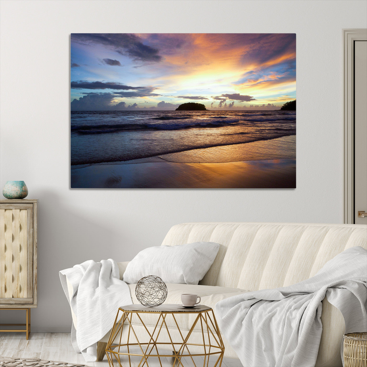 36714356-MGV-CV-36X24-Beach Sunset Wall Art Canvas Print – Tropical Ocean Waves Golden Sky Serene Seascape Nature Artwork for Home Office