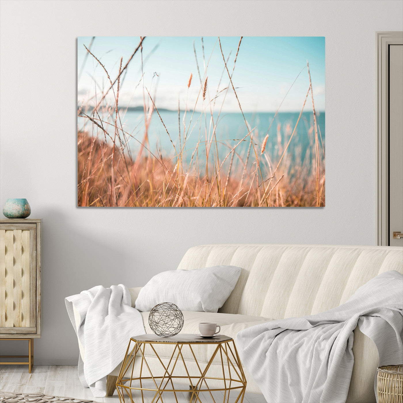 36108696-MGV-CV-36X24-Coastal Grass Landscape Wall Art Canvas Print – Golden Shoreline Nature Scene Serene Ocean View Artwork for Home Office