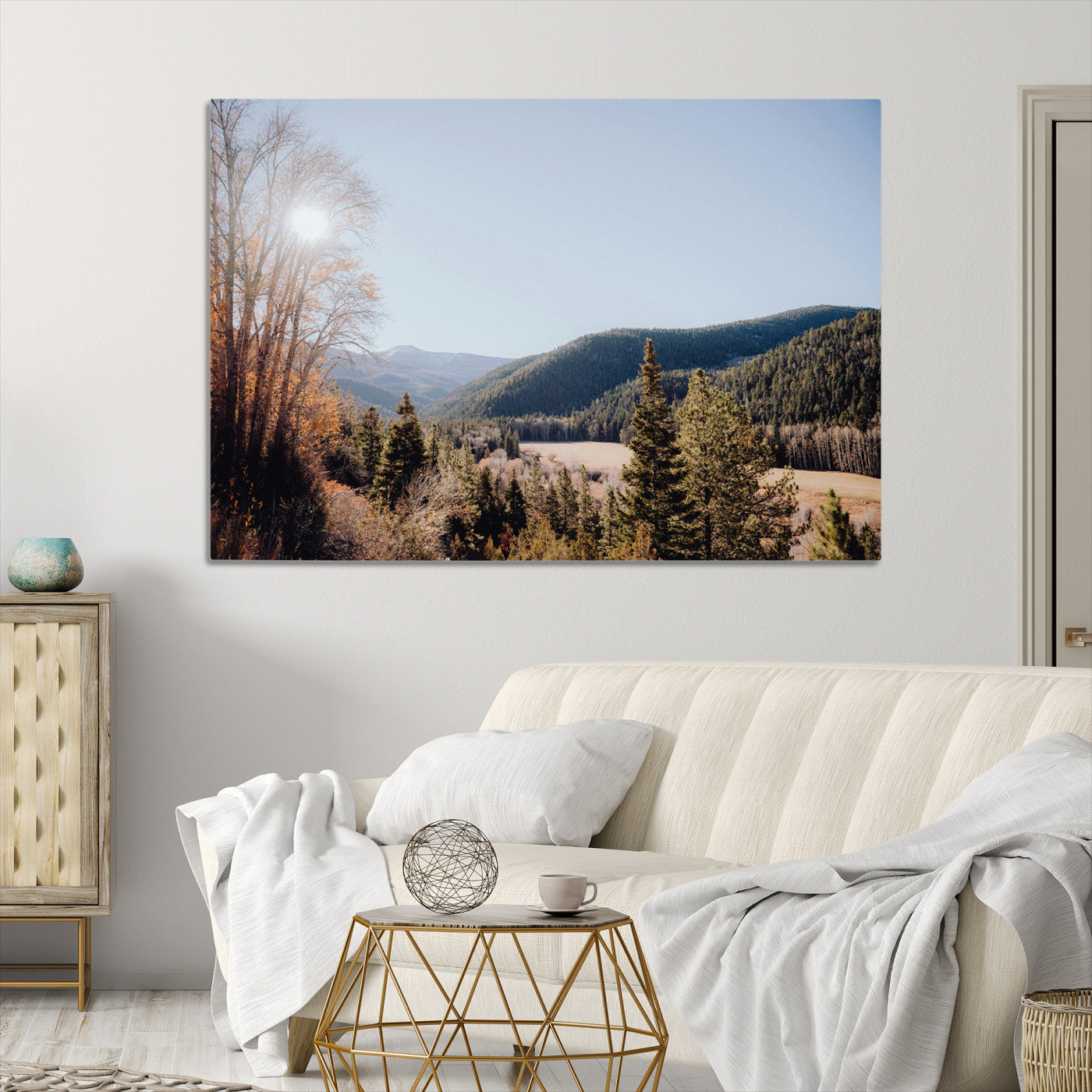 52941305-MGV-CV-36X24-Rustic Landscape Wall Art Canvas Print – Serene Valley Scene Pine Tree Horizon Nature Artwork for Home Office