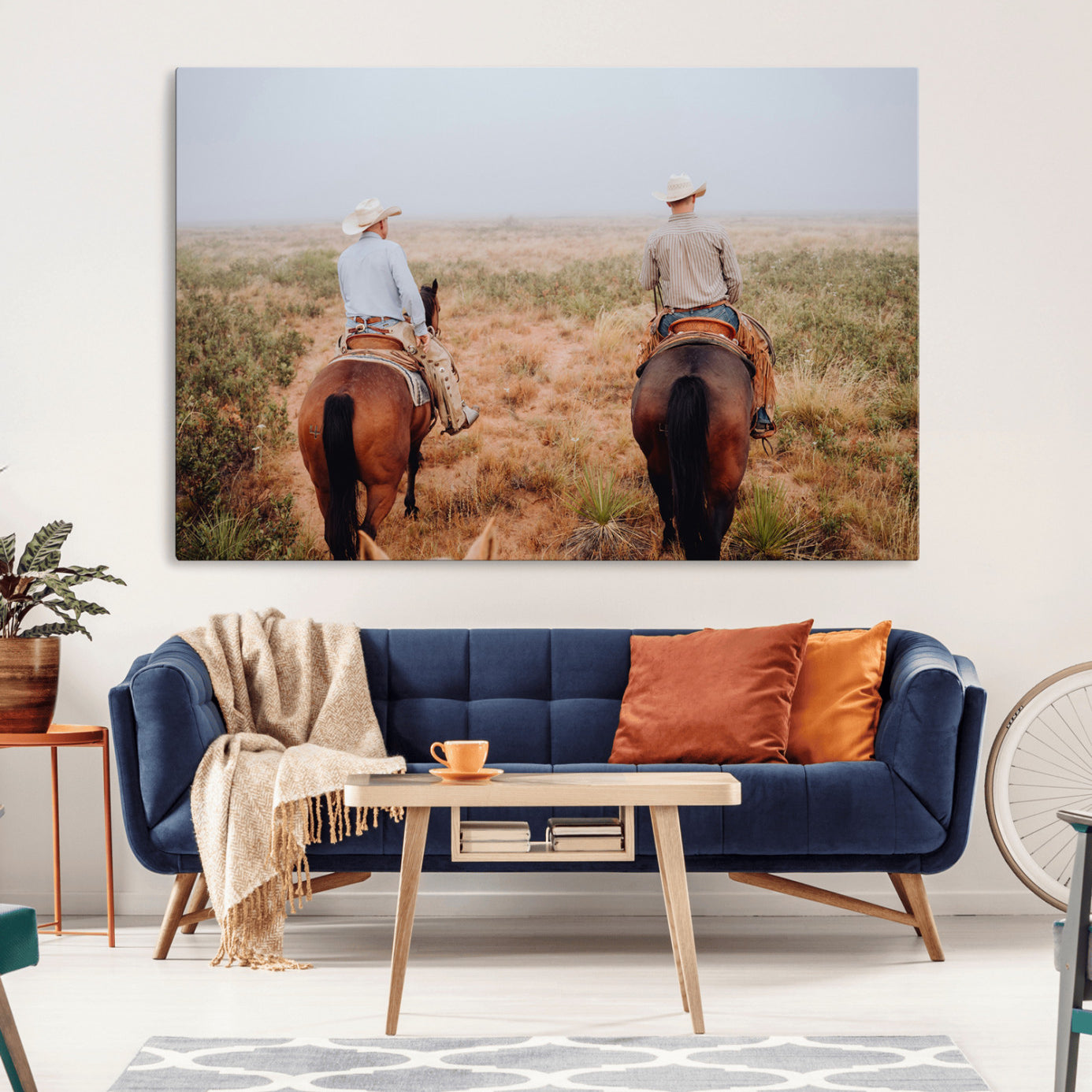 Two cowboys riding horseback through a misty prairie, capturing the rustic and adventurous spirit of the Western frontier.