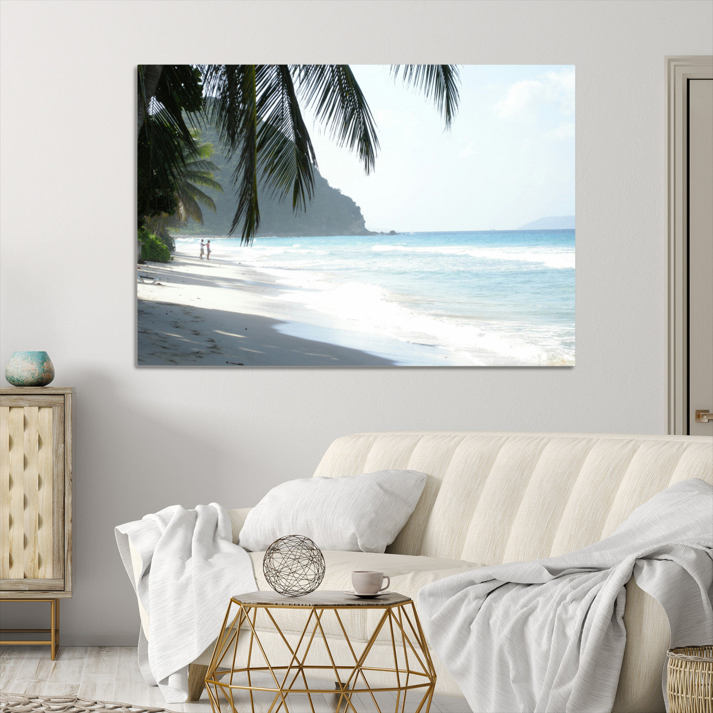 18311030-MGV-CV-36X24-Tropical Beach Wall Art Canvas Print – Framed Serene Ocean Scene Palm Tree Shadows Coastal Nature Artwork for Home Office