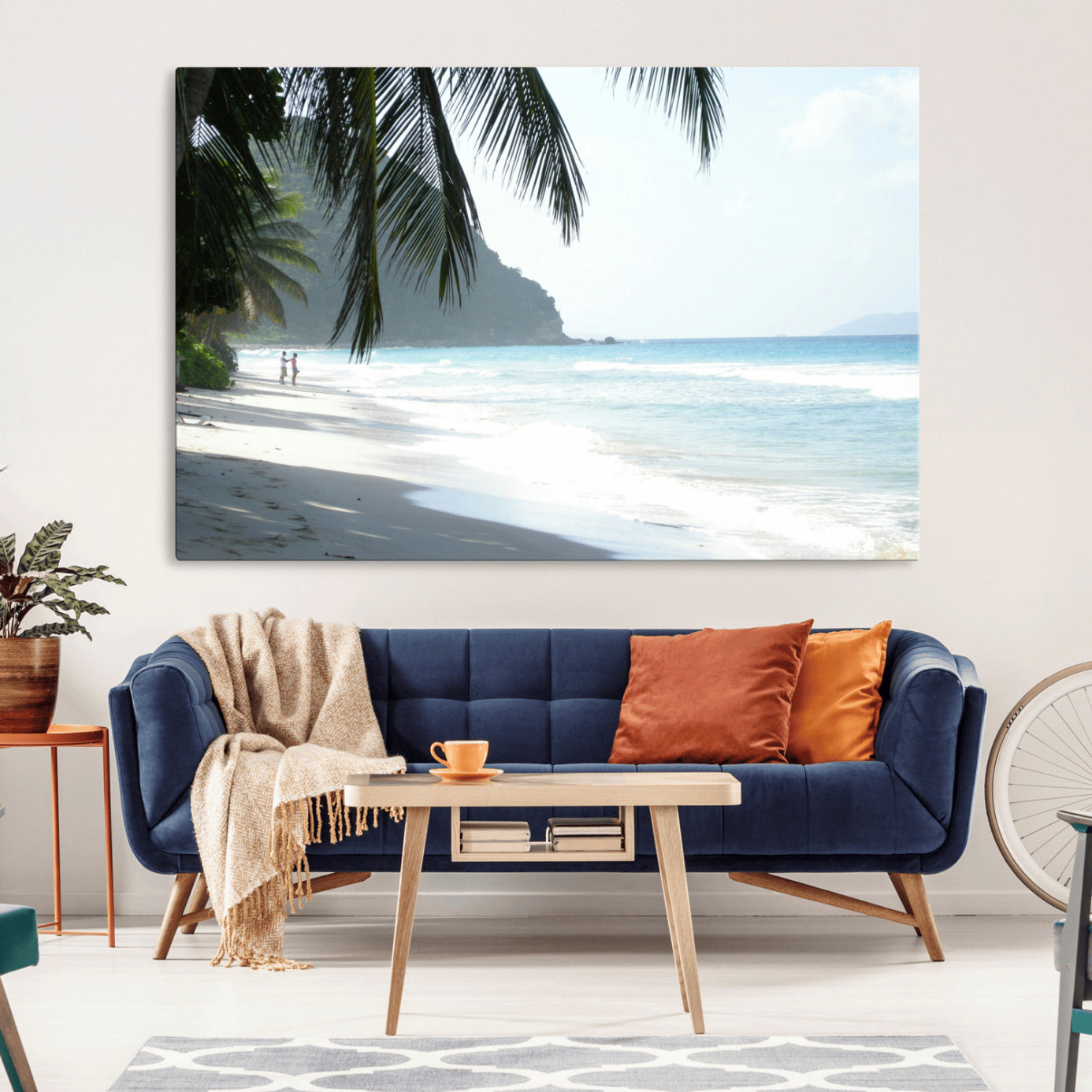 Tropical beach with palm tree shadows, white sand, and turquoise ocean waves, creating a serene and relaxing island escape atmosphere.