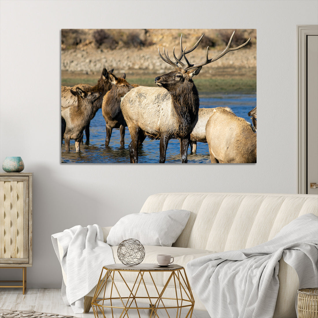 Wild Elk Wall Art Canvas Print, Framed Neutral Wildlife Rustic Forest Scene