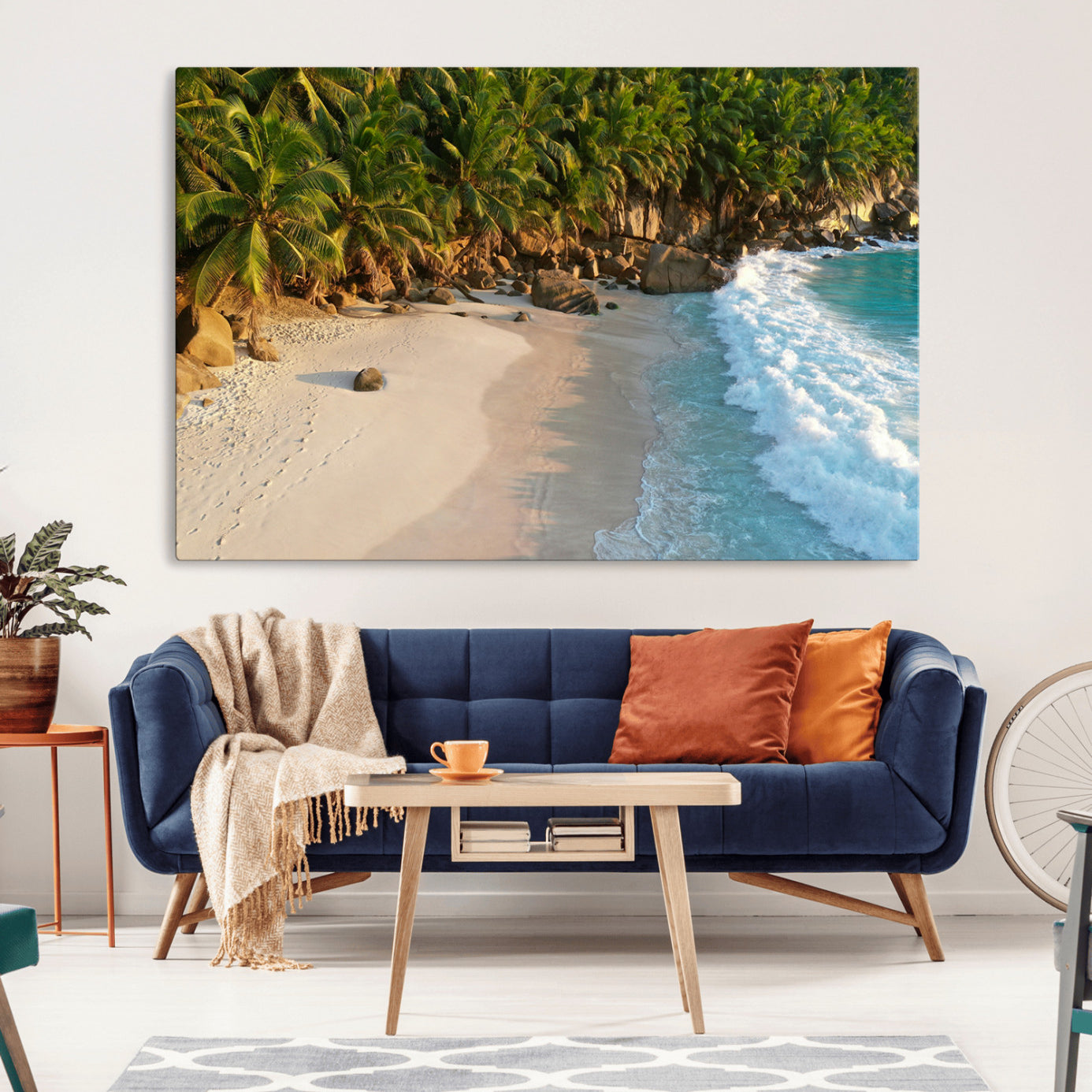Tropical beach with golden sand, turquoise ocean waves, and lush palm trees, creating a serene coastal paradise for beach-themed decor.