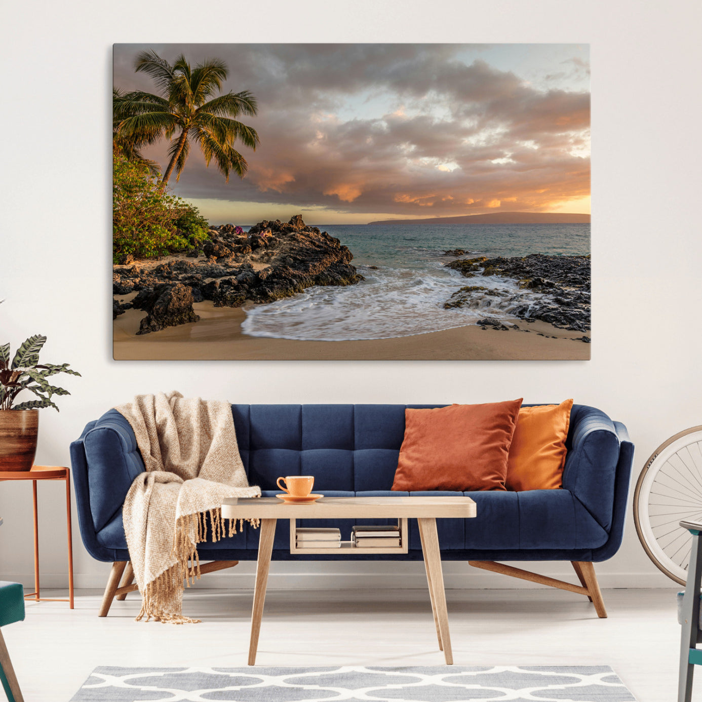 Golden sunset over a tropical beach with palm trees, rocky shoreline, and gentle ocean waves, perfect for coastal and island-inspired decor.