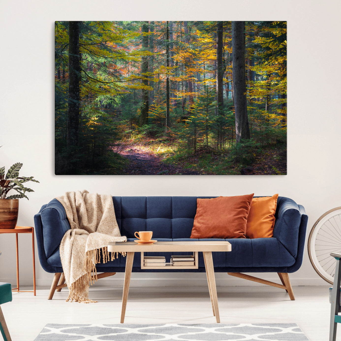 A serene autumn forest with golden and green leaves, a misty atmosphere, and a sunlit pathway, creating a tranquil nature-inspired wall art piece.