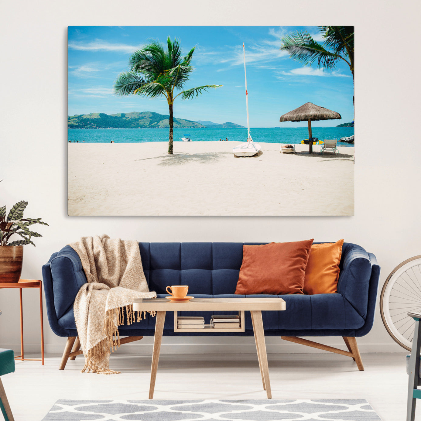 Tropical beach scene with palm trees, a white sailboat, and turquoise ocean waters under a bright blue sky, creating a peaceful summer vibe.