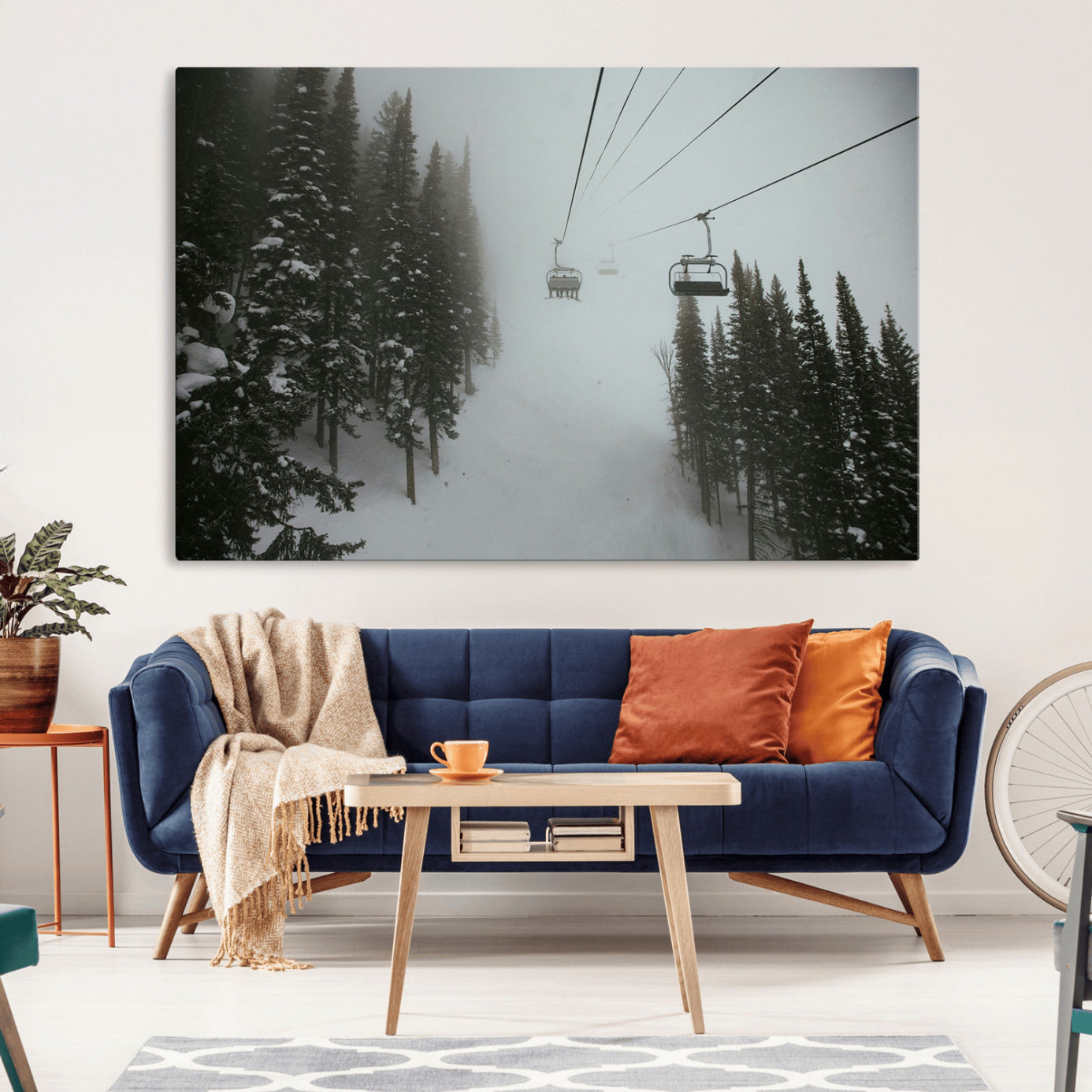 87018452-MGV-CV-36X24-Ski Lift Wall Art Canvas Print – Snowy Pines Misty Landscape Winter Serenity Artwork for Home, Office Decor