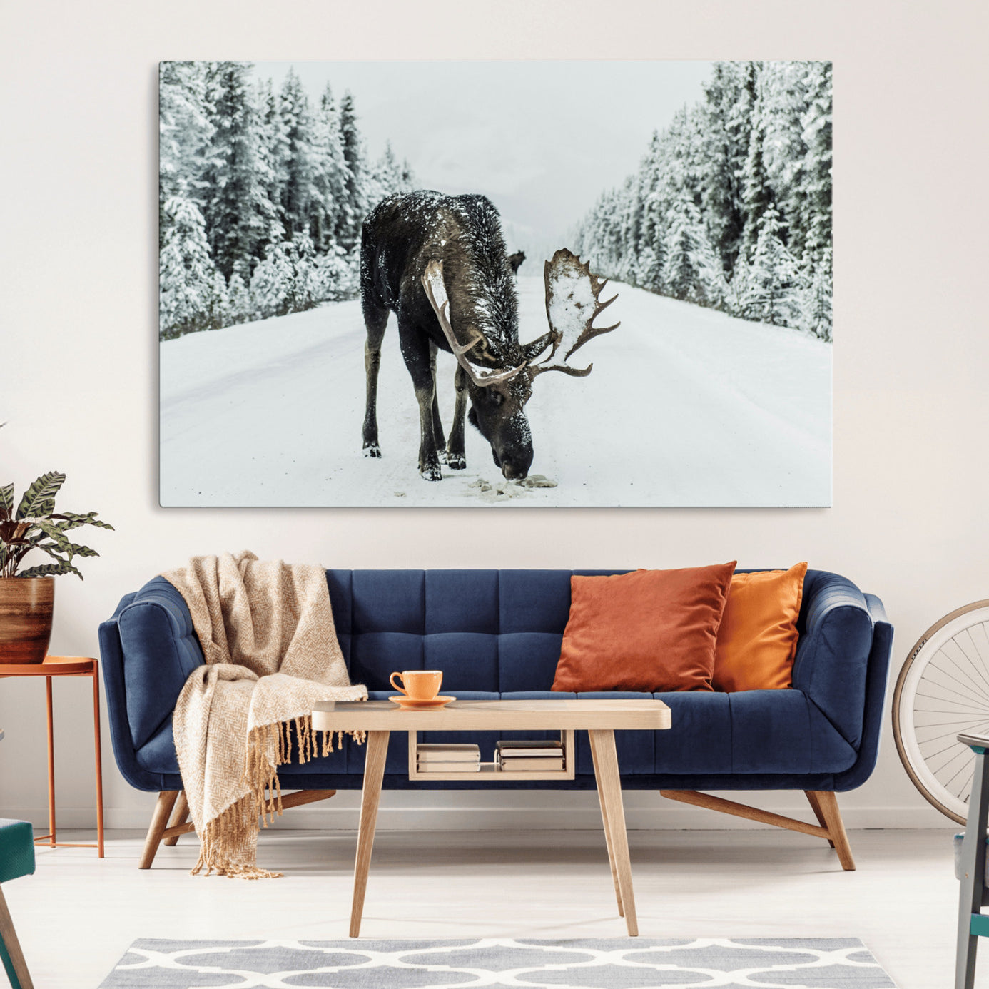 -Moose Snow Wall Art Canvas Print – Framed Winter Wildlife Snowy Forest Nature Scene Artwork for Home, Office, Living Room