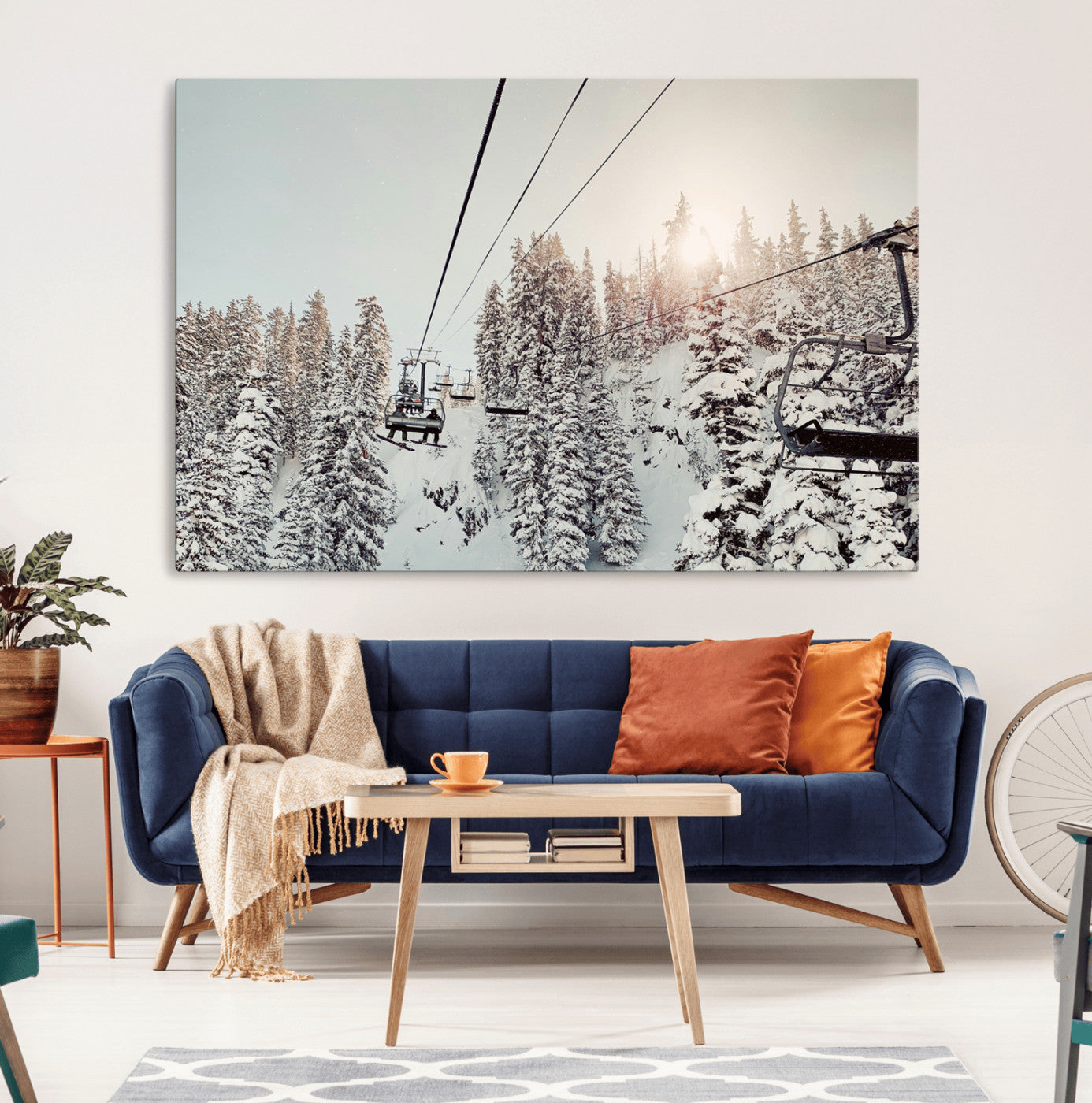 91534512-MGV-CV-36X24-Frosty Pines Wall Art Canvas Print – Framed Cozy Cabin Ski Lift Ride Winter Scene Artwork for Home Office