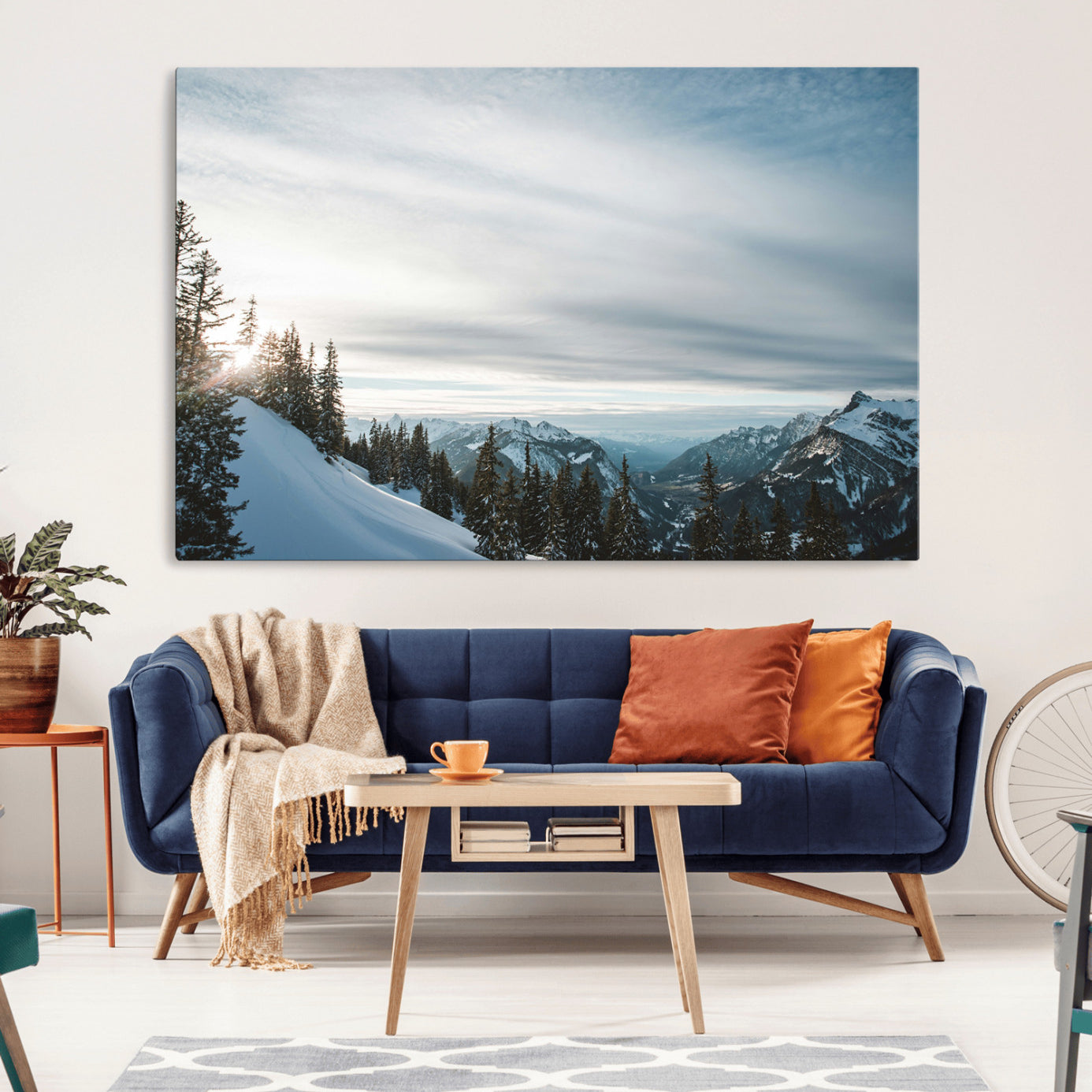 55564749-MGV-CV-36X24-Snowy Mountains Wall Art Canvas Print – Framed Alpine Landscape Frosty Peaks Nordic Minimalist Nature Artwork for Home, Office