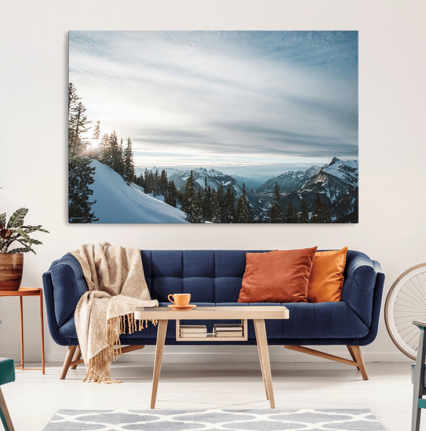 55564749-MGV-CV-36X24-Snowy Mountains Wall Art Canvas Print – Framed Alpine Landscape Frosty Peaks Nordic Minimalist Nature Artwork for Home, Office