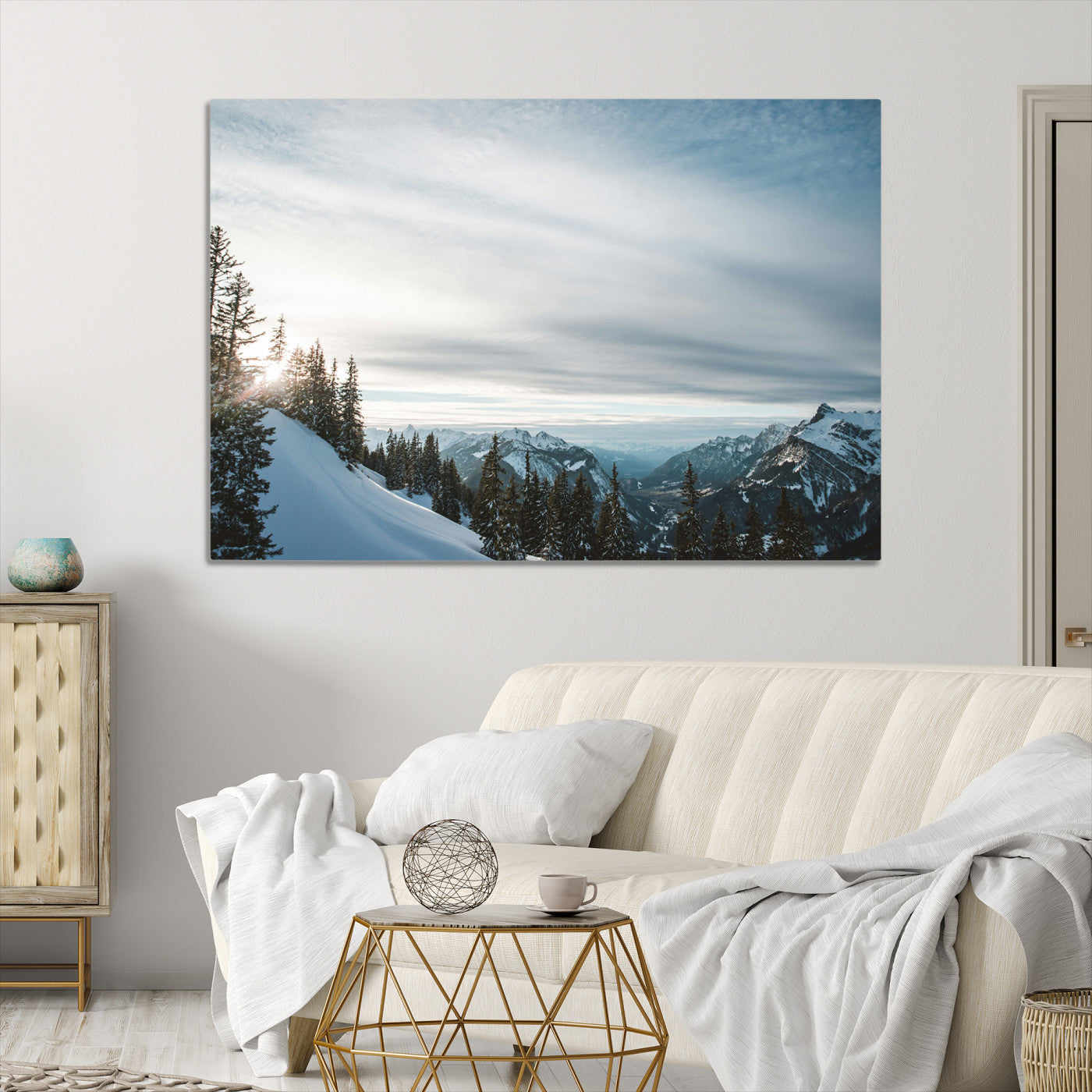 55564749-MGV-CV-36X24-Snowy Mountain Wall Art Canvas Print – Frosty Peaks Alpine Landscape Winter Sky Nature Photography Artwork for Home Office