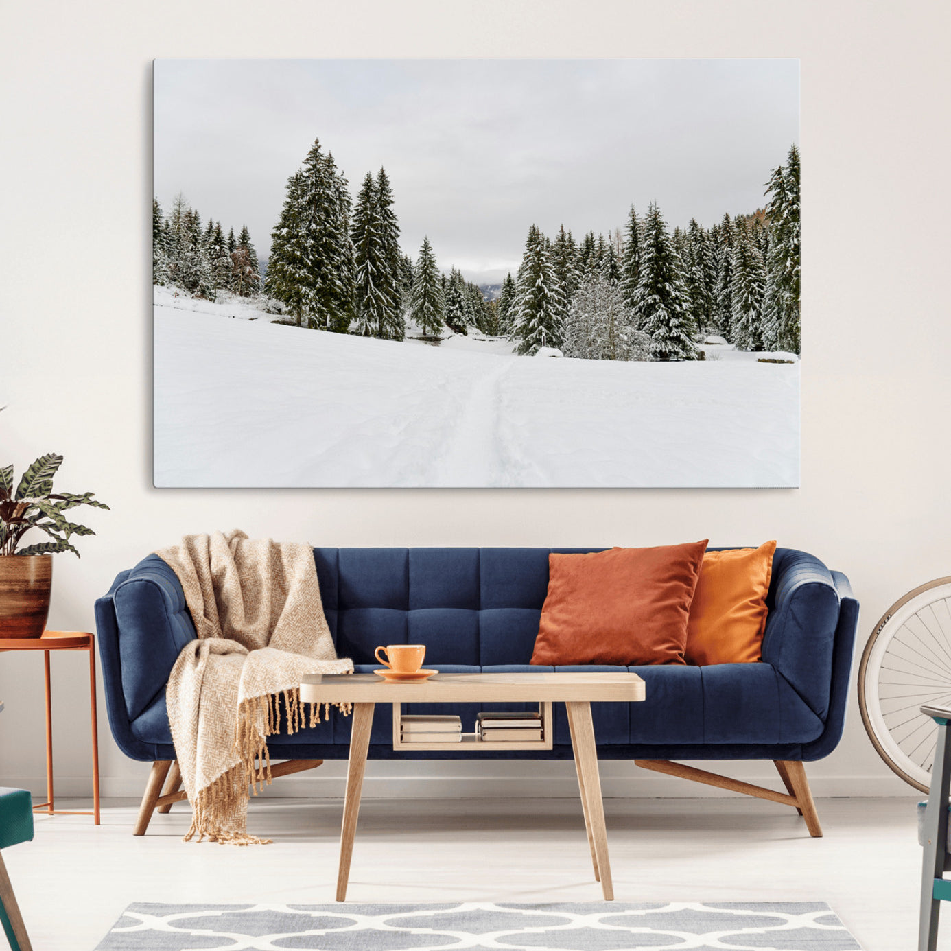 24581417-MGV-CV-36X24-Frosty Pines Wall Art Canvas Print – Framed Silent Snowfall Cozy Cabin Nordic Minimalist Winter Landscape Artwork for Home, Office