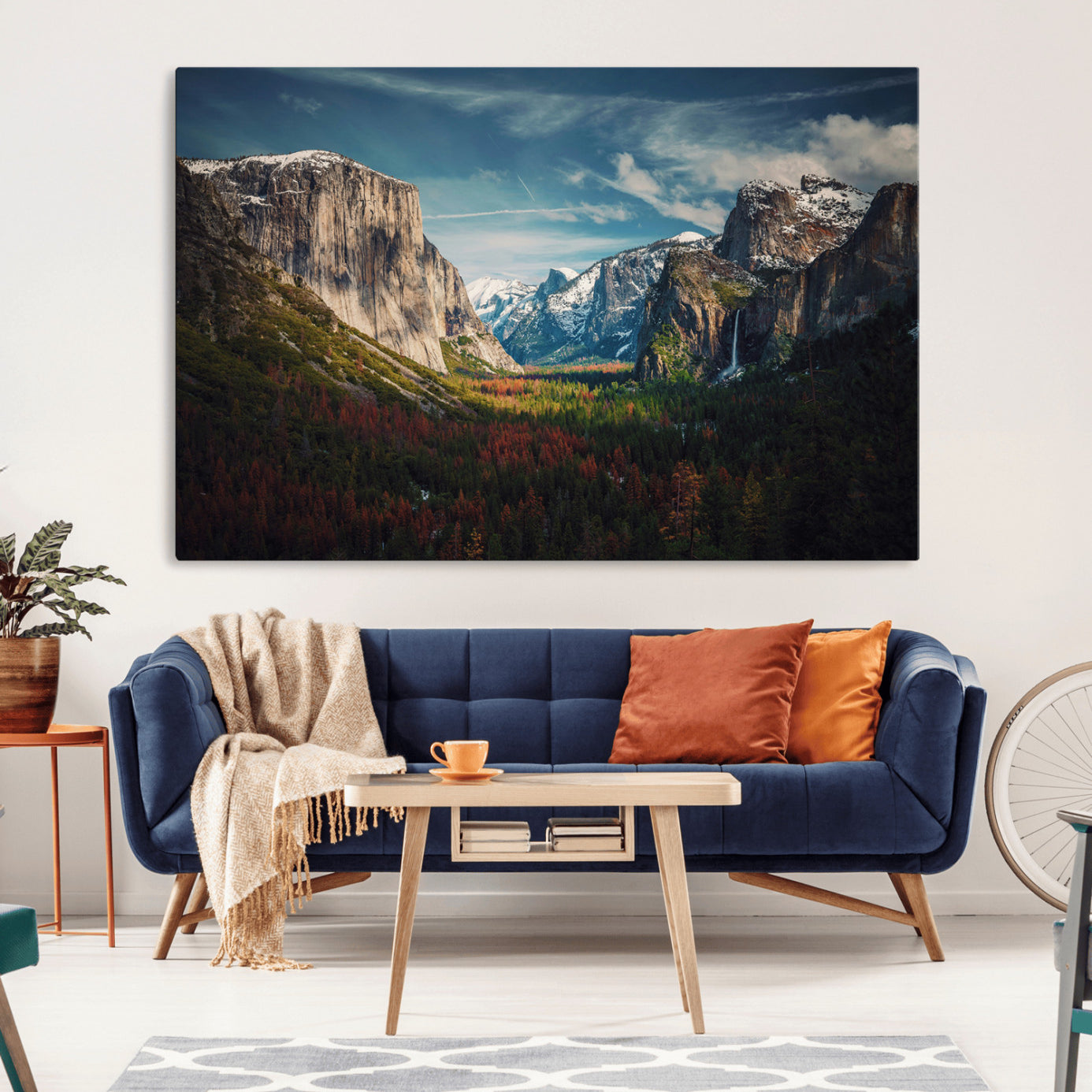 Framed canvas print of Yosemite National Park, featuring El Capitan and a scenic waterfall, ideal for rustic farmhouse or adventure-themed home decor.