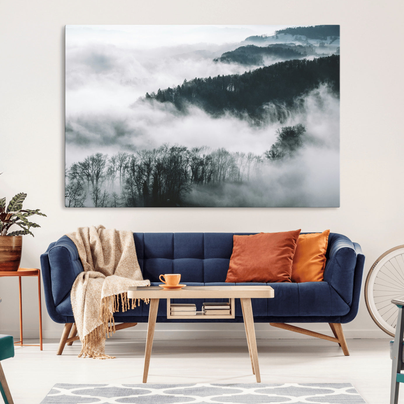 67569654-MGV-CV-36X24-Foggy Forest Landscape Wall Art Canvas Print – Misty Mountain Valley Scene Monochrome Tones Nature Artwork for Home Office