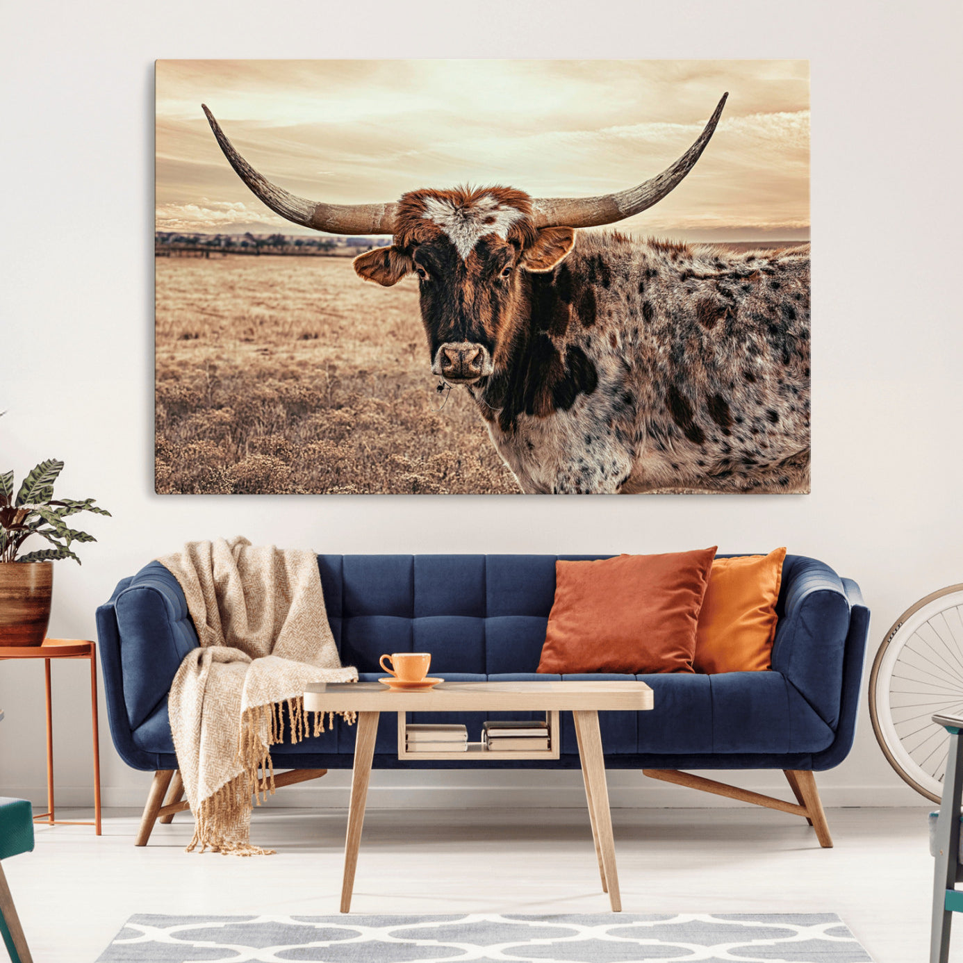 Close-up of a longhorn cow with distinctive curved horns standing in a dry grass field under a cloudy sky.