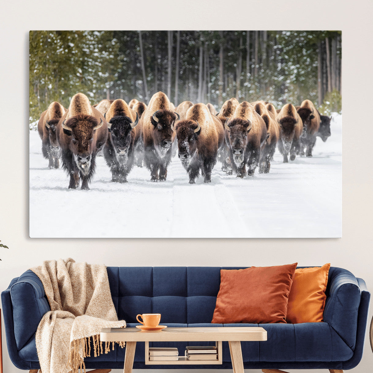 96906195-MGV-CV-36X24 - American Bison Herd Snow Canvas Wall Art – Powerful Winter Wildlife Print of Buffalo Motion, Rustic Lodge or Western Cabin Decor for Living Room, Office