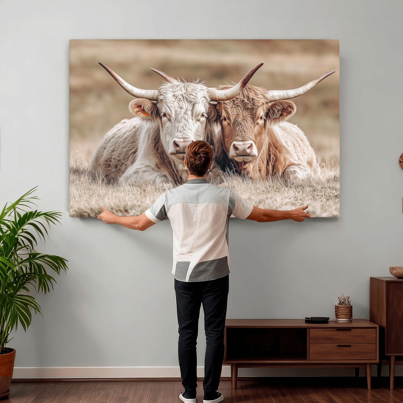 38651722-MGV-CV-36X24 - Highland Cows Meadow Canvas Wall Art – Peaceful Cow Photography Print, Rustic Farmhouse Animal Decor for Country Home, Living Room, Office