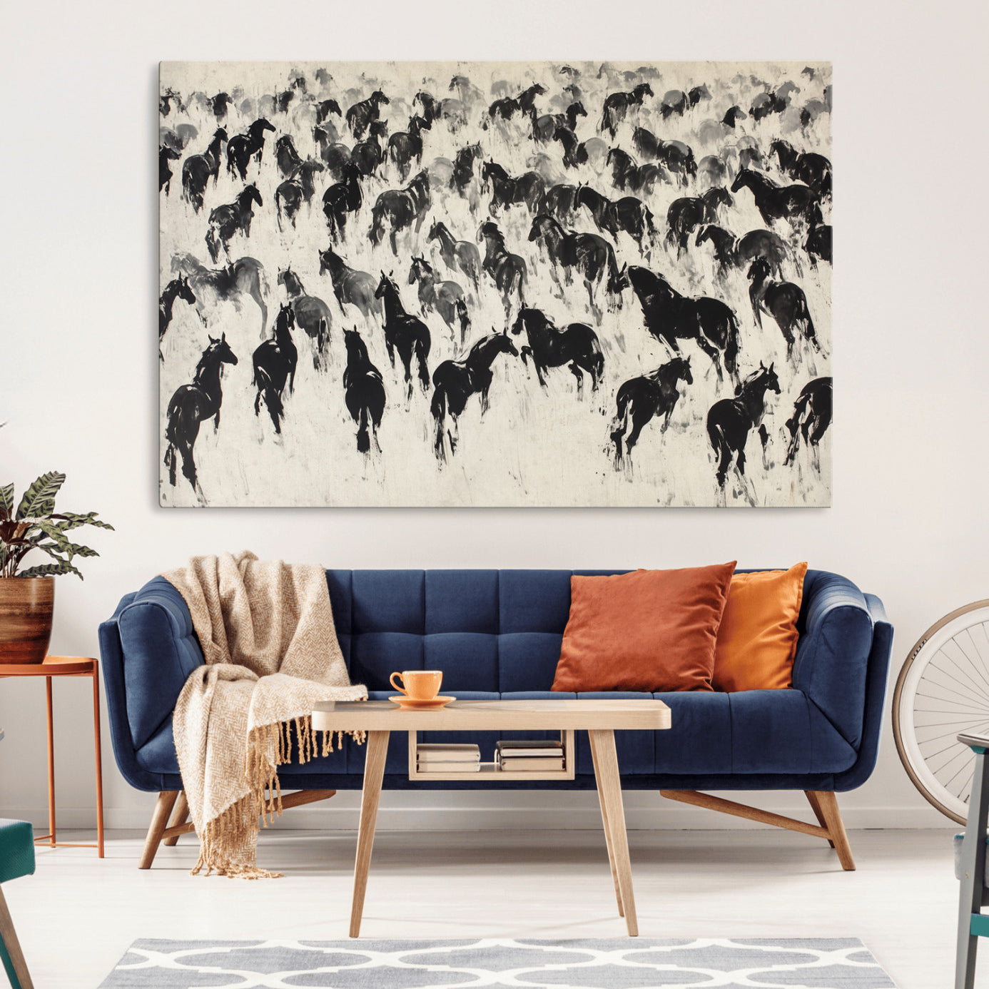 29265745-MGV-CV-36X24-Wild Horse Stampede Wall Art Canvas Print – Monochrome Running Horses Dynamic Motion Elegant Scene Artwork for Home, Office