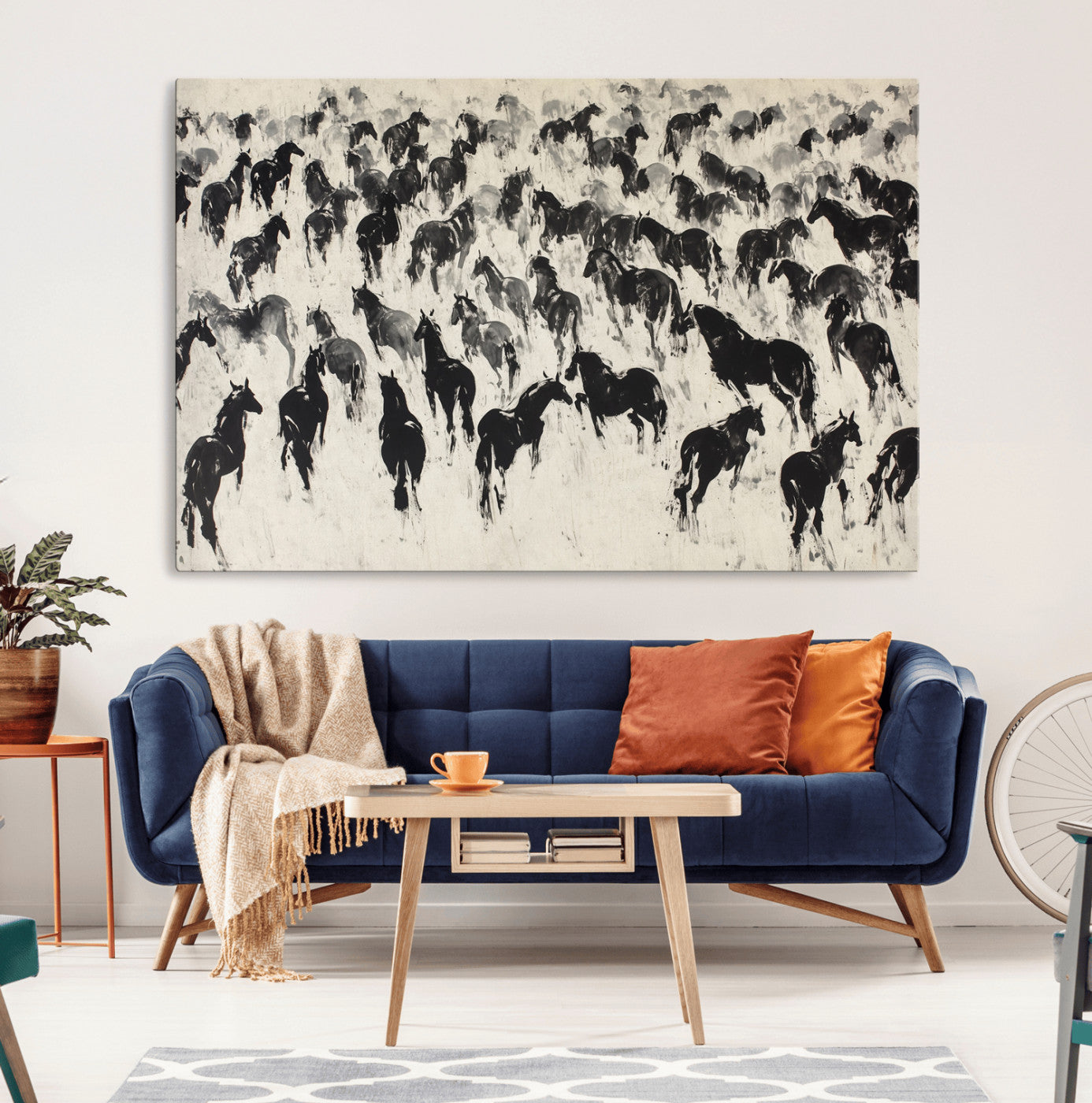 -Wild Horse Stampede Wall Art Canvas Print – Monochrome Running Horses Dynamic Motion Elegant Scene Artwork for Home, Office