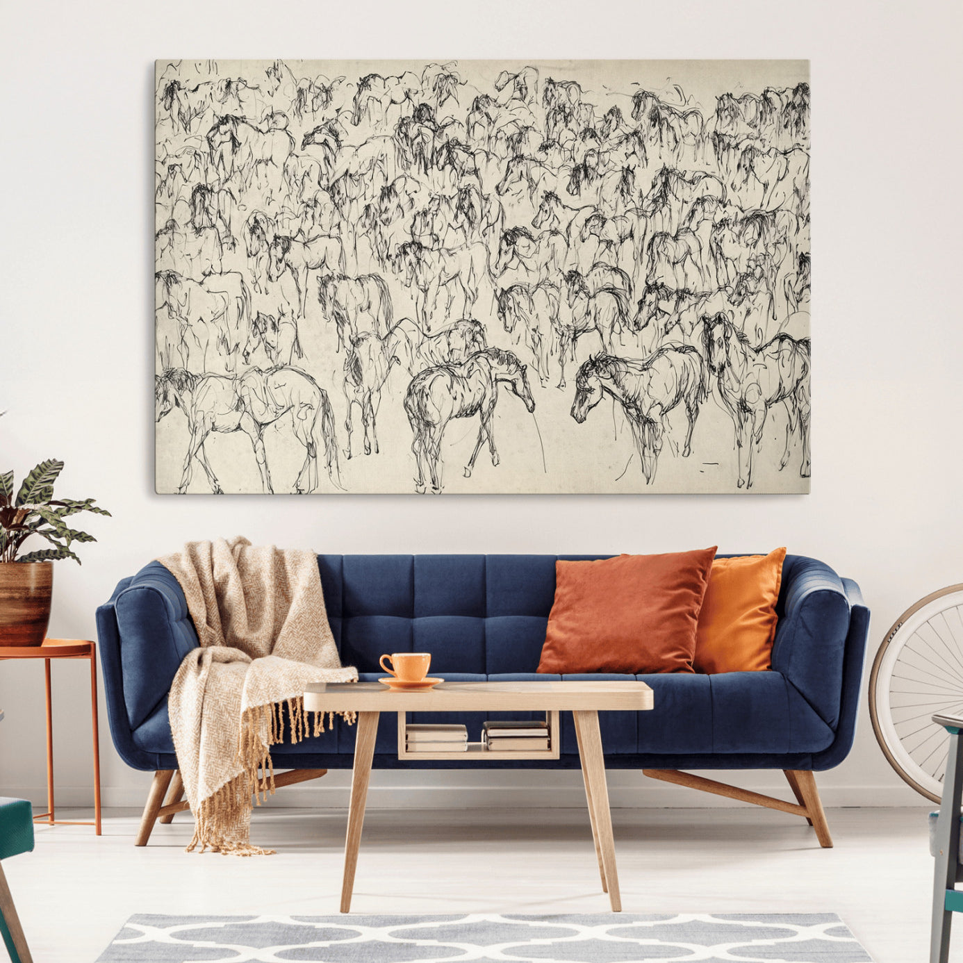 86653927-MGV-CV-36X24-Wild Horse Stampede Wall Art Canvas Print – Monochrome Running Horses Dynamic Motion Elegant Artwork for Home, Office