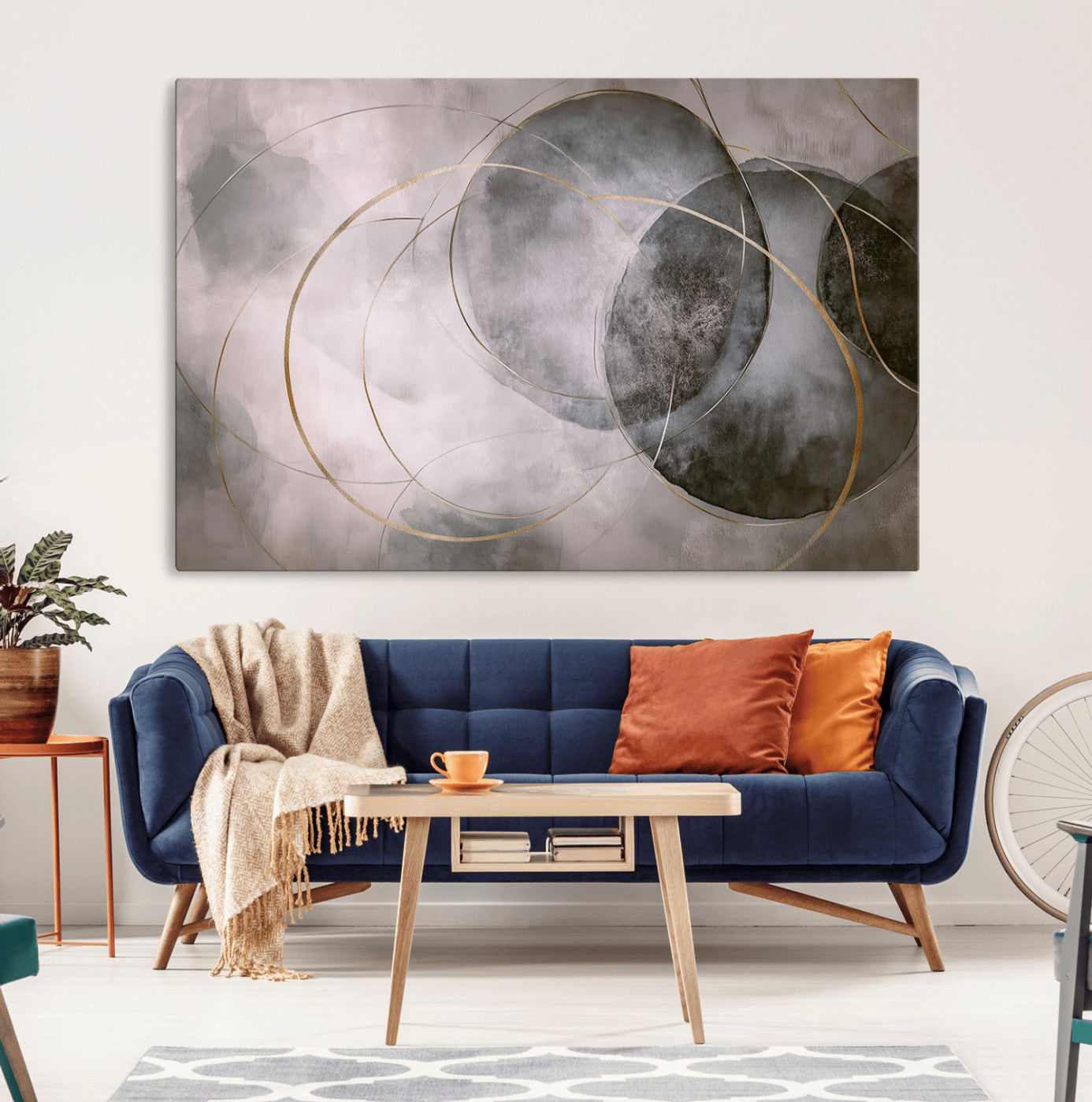 20066876-MGV-CV-36X24-Abstract Grey Gold Circle Wall Art – Modern Geometric Canvas Artwork, Minimal Elegant Design, Luxury Wall Decor for Home, Office