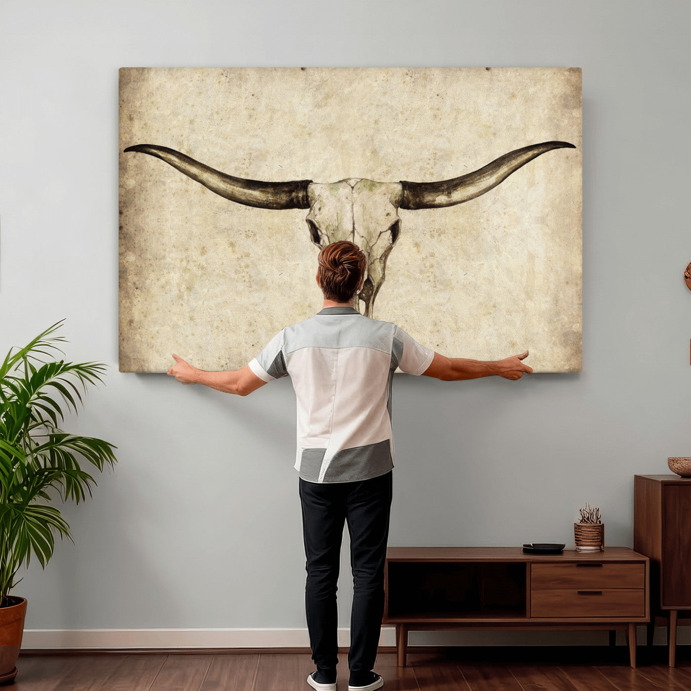 42788678-MGV-CV-36X24 - Longhorn Skull Wall Art Canvas Print – Rustic Western Artwork Print for Living Room Wall Decor