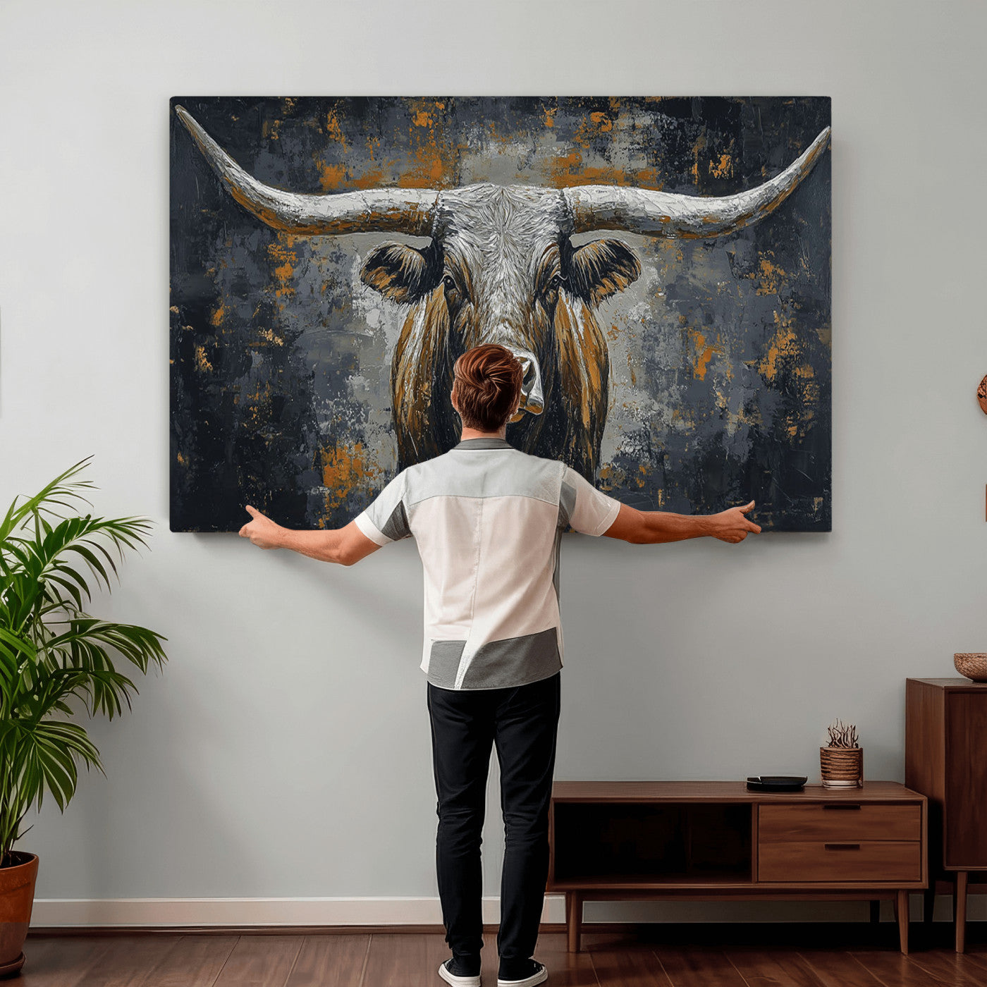 73972561-MGV-CV-36X24 - Bold Bull Wall Art Canvas – Striking Portrait with Wide Horns and Rich Brown Hues, Rustic Farmhouse and Western Decor for Home Room