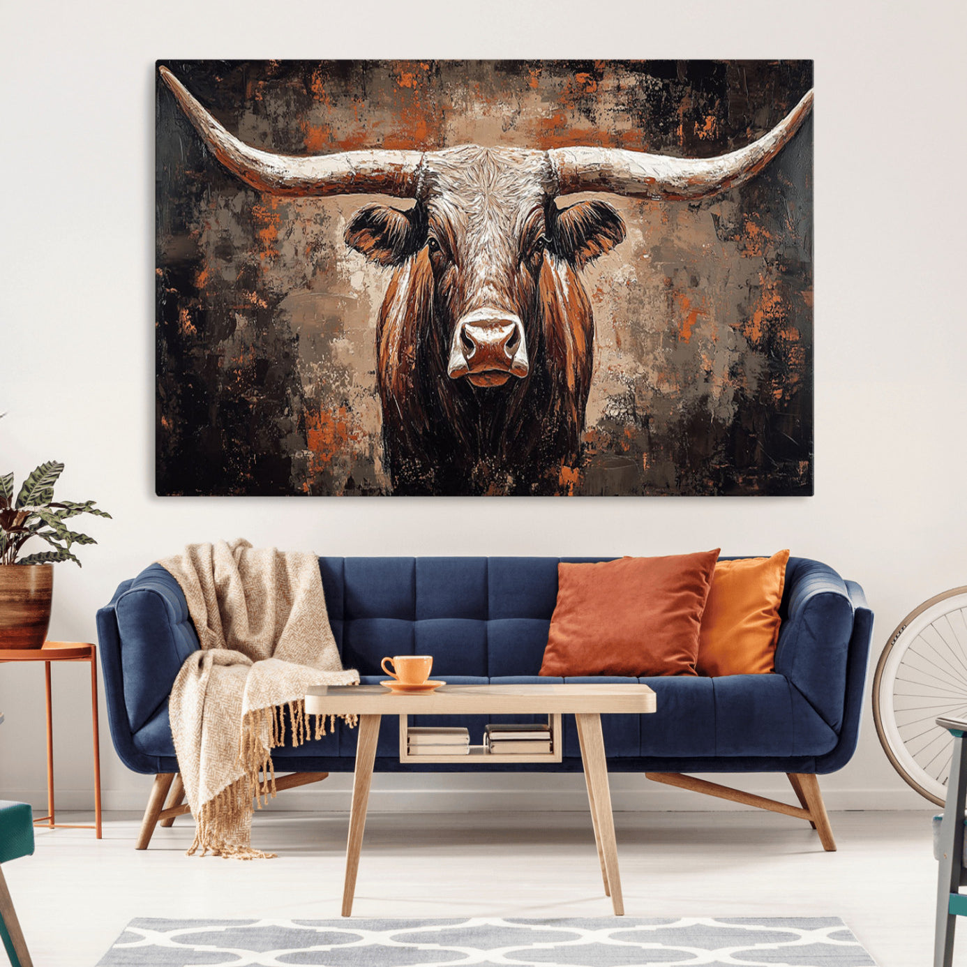 -Rustic Longhorn Bull Wall Art Canvas Print – Vintage Western Cattle Scene, Texas Steer Artwork for Home, Office