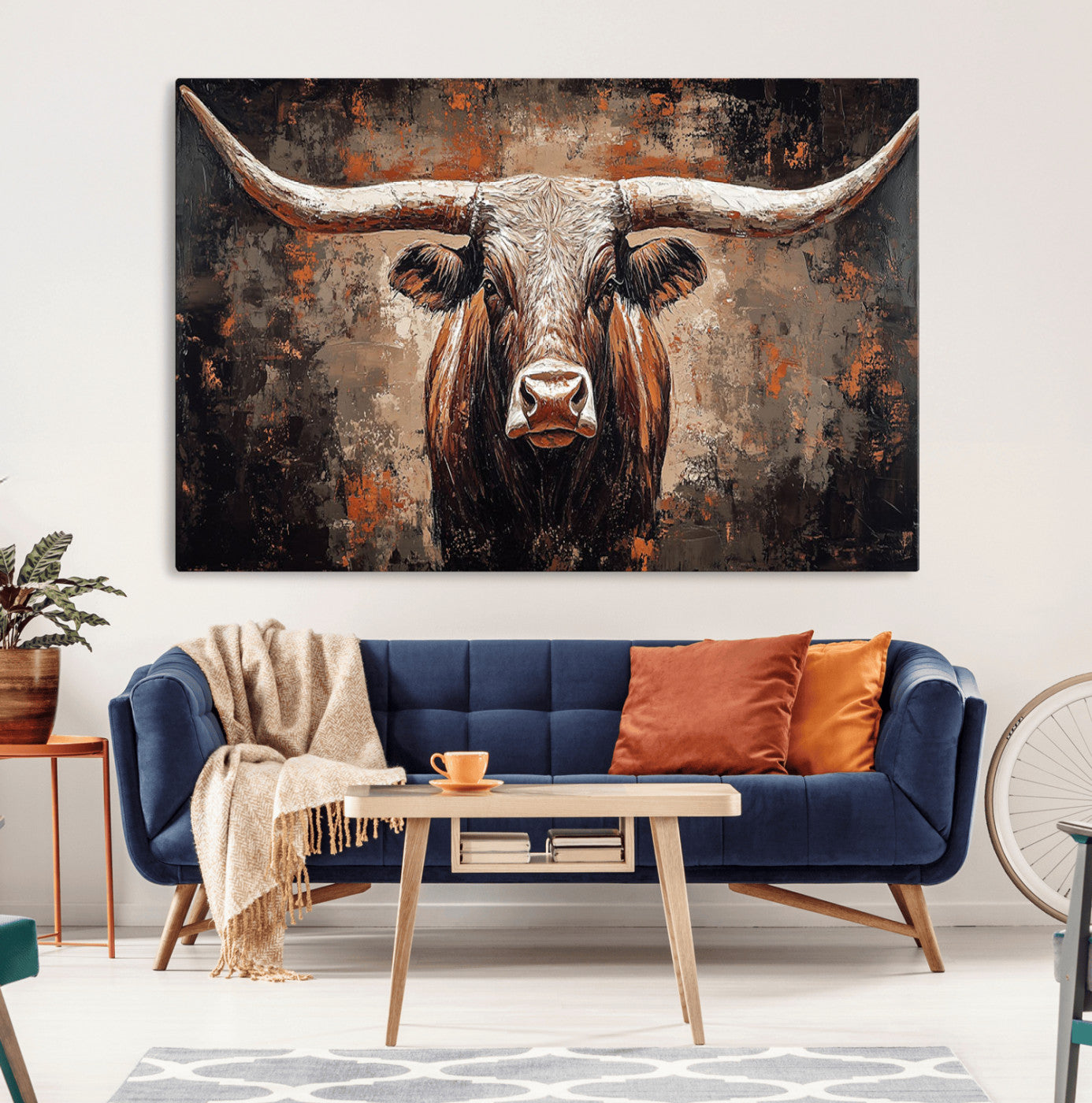 -Rustic Longhorn Bull Wall Art Canvas Print – Vintage Western Cattle Scene, Texas Steer Artwork for Home, Office