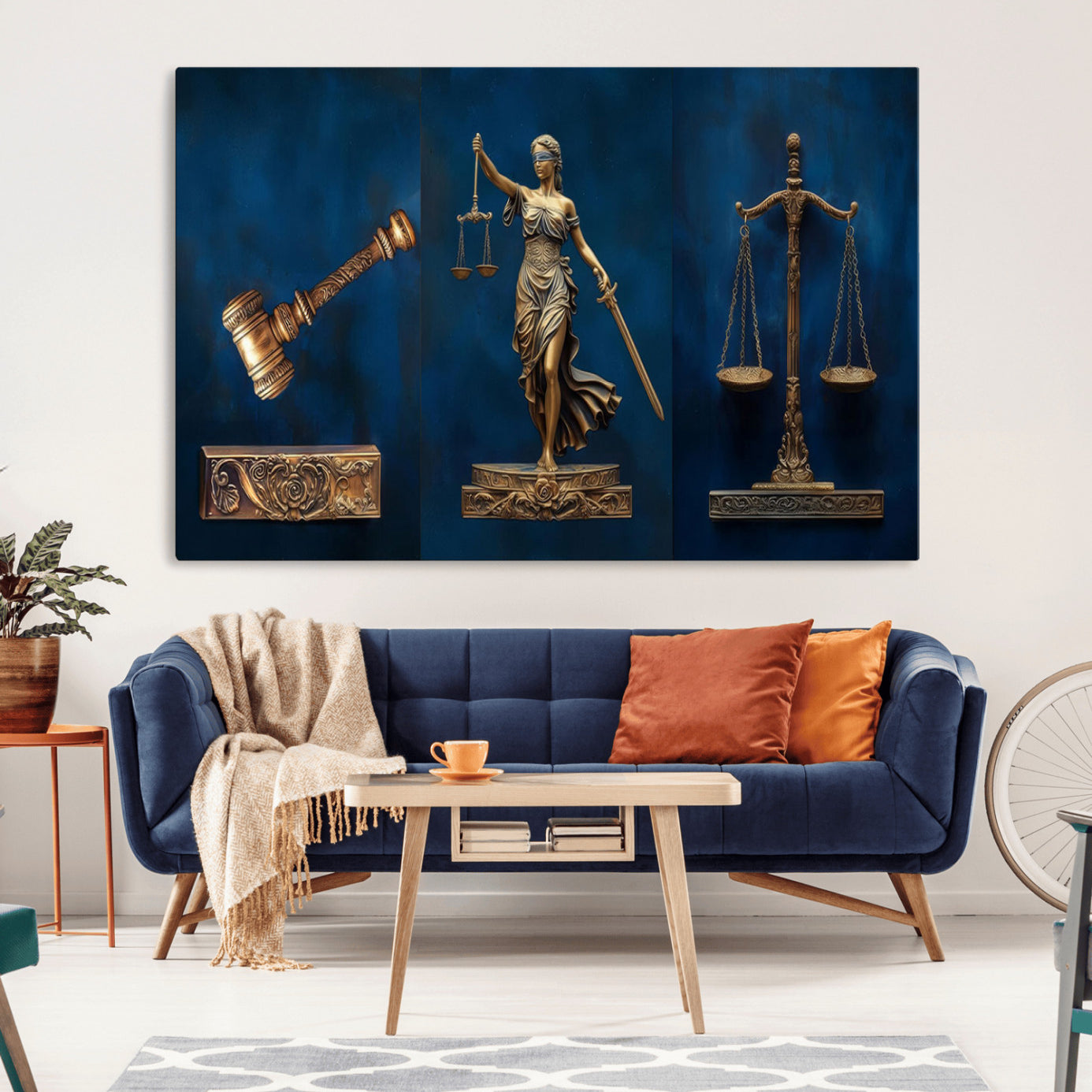 91629053-MGV-CV-36X24-Lady Justice Wall Art Canvas Print – Elegant Gold Legal Symbols Blue Background Artwork for Home, Office, Living Room