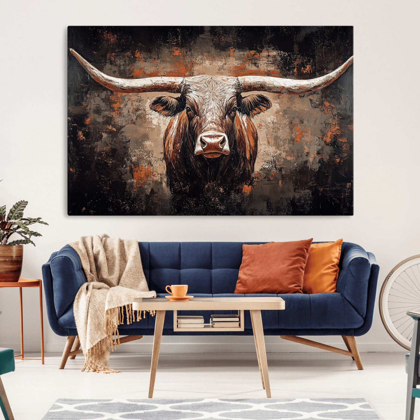 -Rustic Longhorn Bull Wall Art Canvas Print – Vintage Western Cattle Scene, Texas Steer Artwork for Home, Office