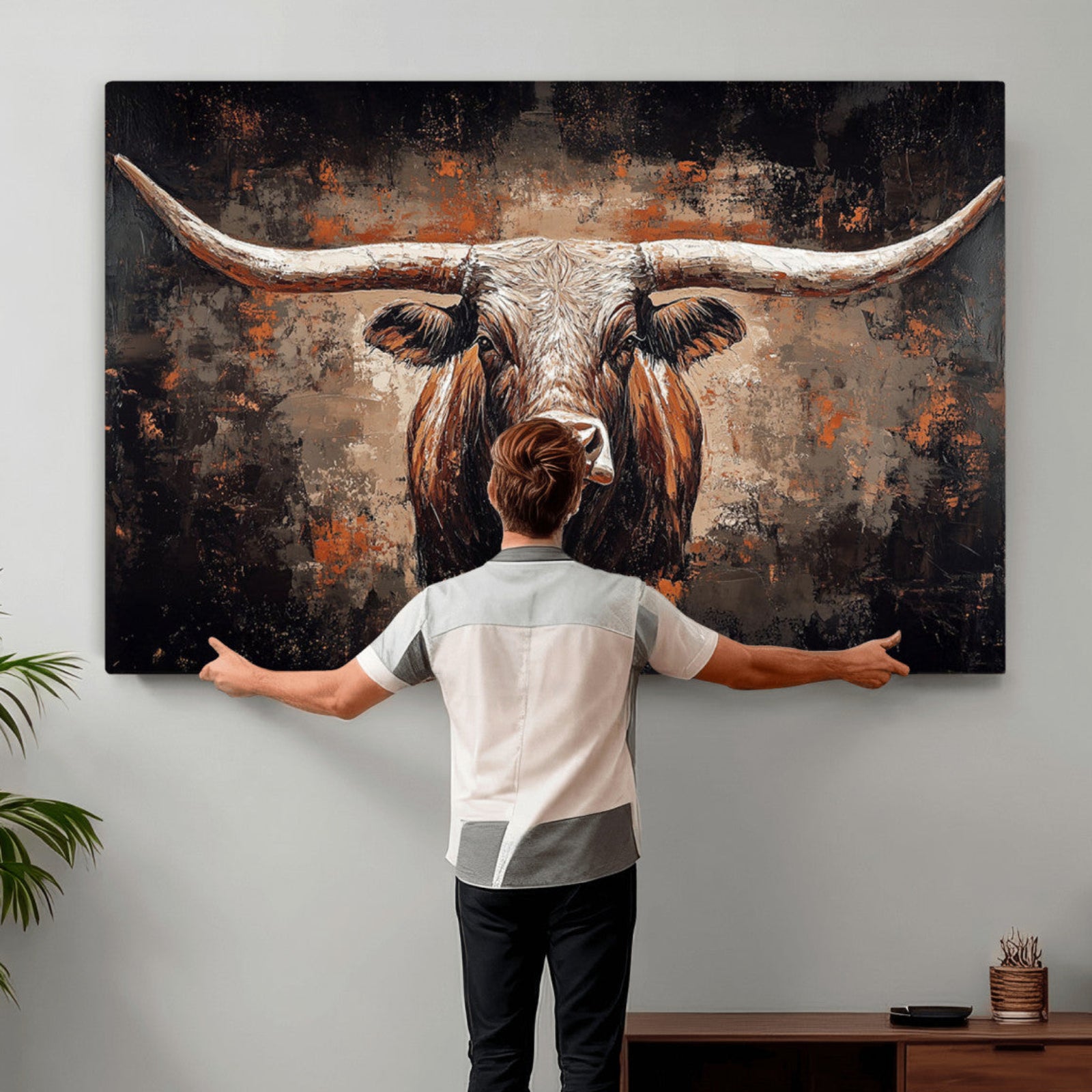24779067-MGV-CV-36X24 - Rustic Longhorn Bull Wall Art Canvas Print – Vintage Western Cattle Painting, Texas Steer Artwork