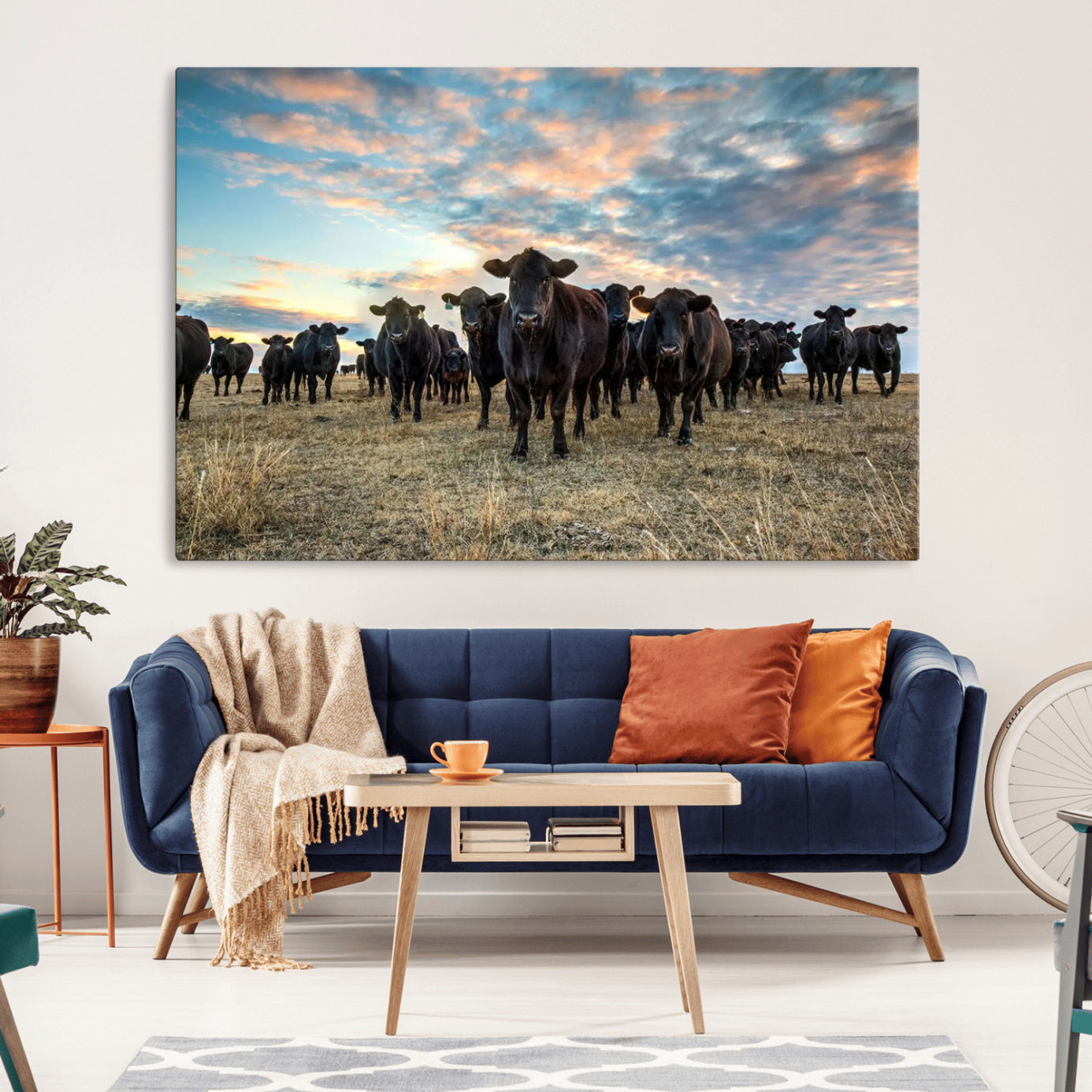 -Texas Longhorn Cattle Wall Art Canvas Print – Rustic Western Ranch Scene with Steers Sunset for Home, Office