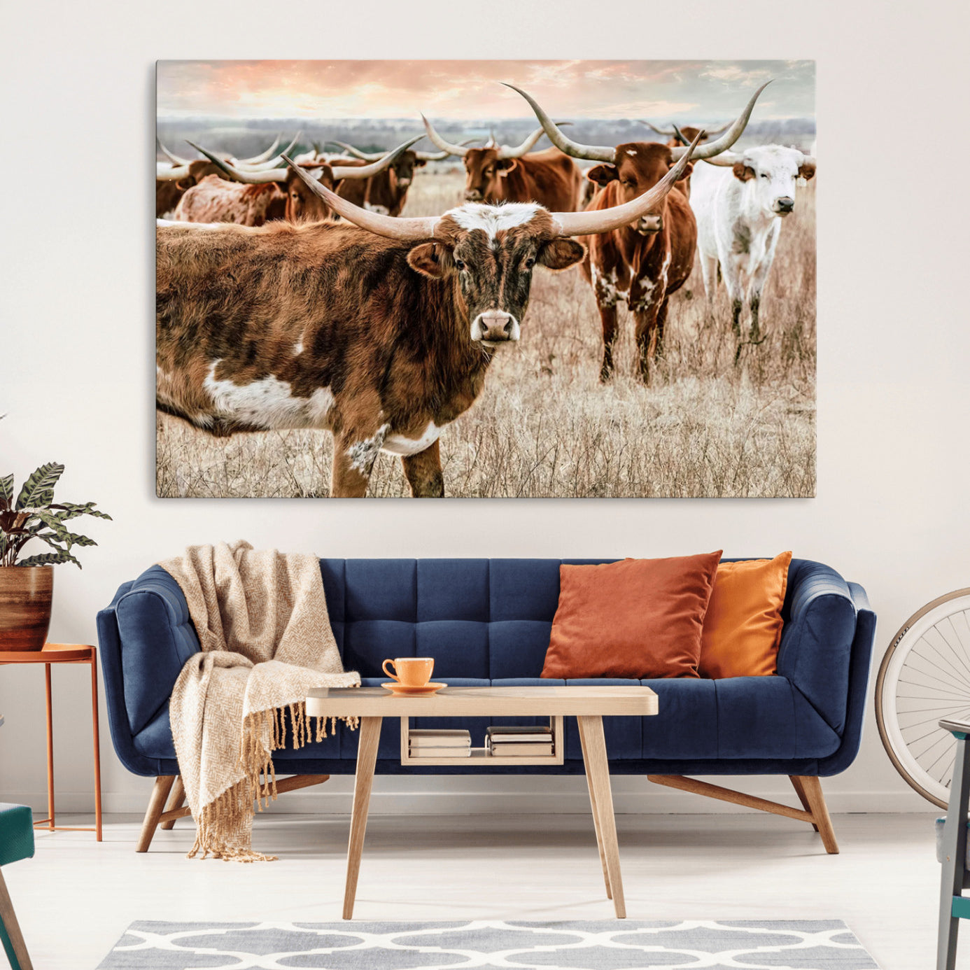 -Texas Longhorn Cattle Wall Art Canvas Print – Rustic Western Ranch Scene with Steers Sunset for Home, Office