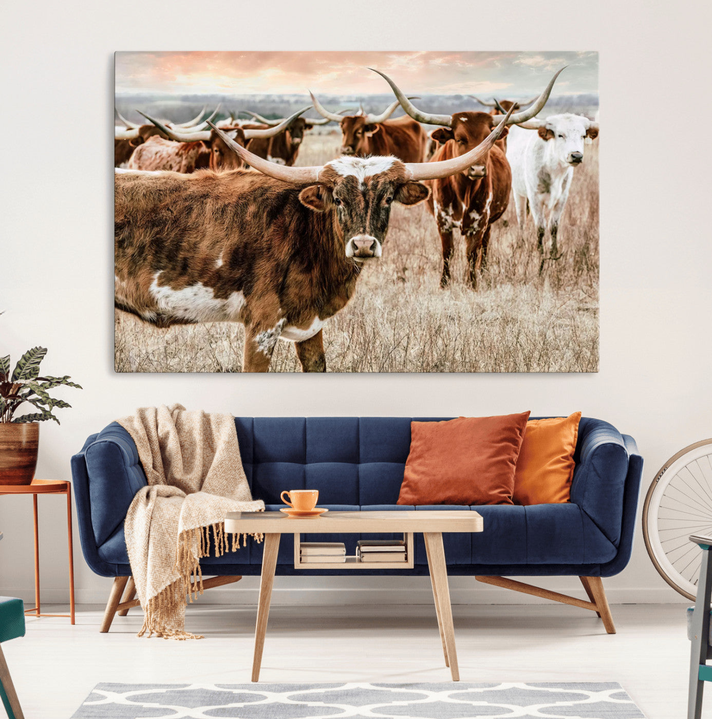 47758300-MGV-CV-36X24-Texas Longhorn Cattle Wall Art Canvas Print – Rustic Western Ranch Scene with Steers Sunset for Home, Office