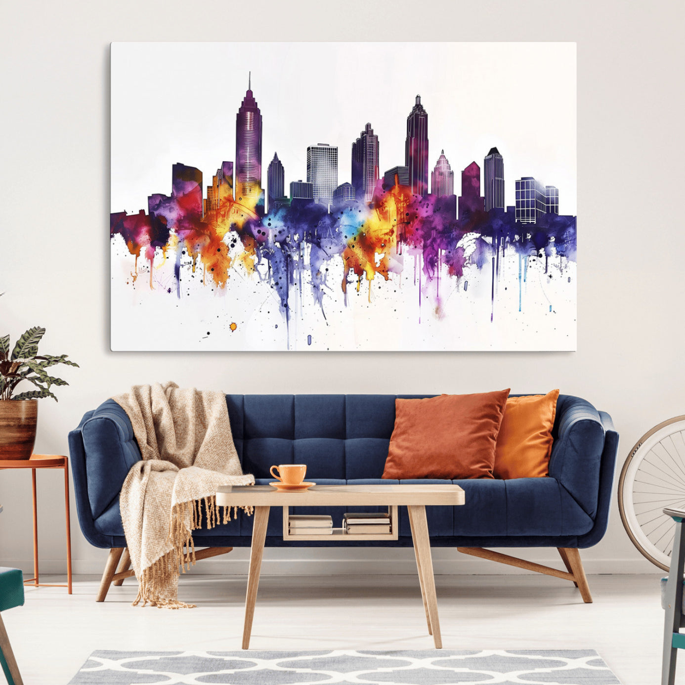 34479880-MGV-CV-36X24-Atlanta Skyline Wall Art Canvas Print – Framed Colorful Watercolor Cityscape Artwork for Home, Office, Living Room