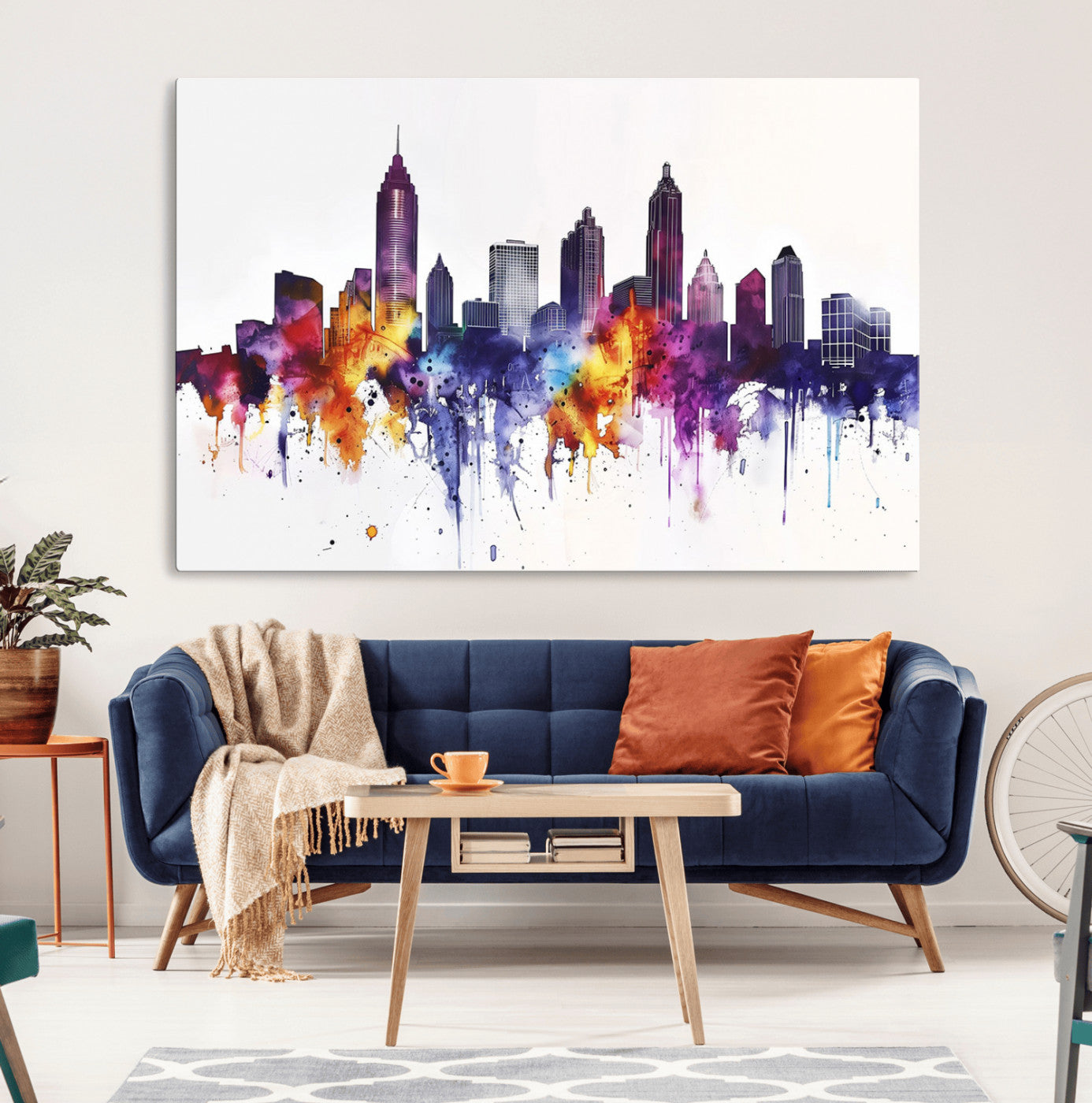 34479880-MGV-CV-36X24-Atlanta Skyline Wall Art Canvas Print – Framed Colorful Watercolor Cityscape Artwork for Home, Office, Living Room
