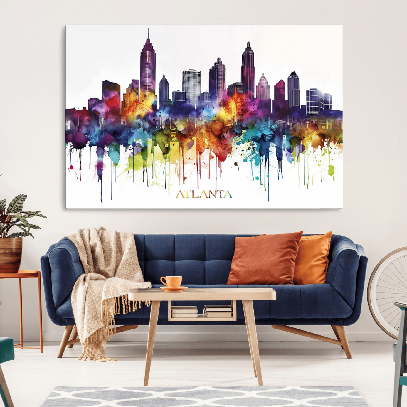 36048320-MGV-CV-36X24-Atlanta Skyline Wall Art Canvas Print – Framed Colorful Watercolor Cityscape Abstract Urban Artwork for Home, Office