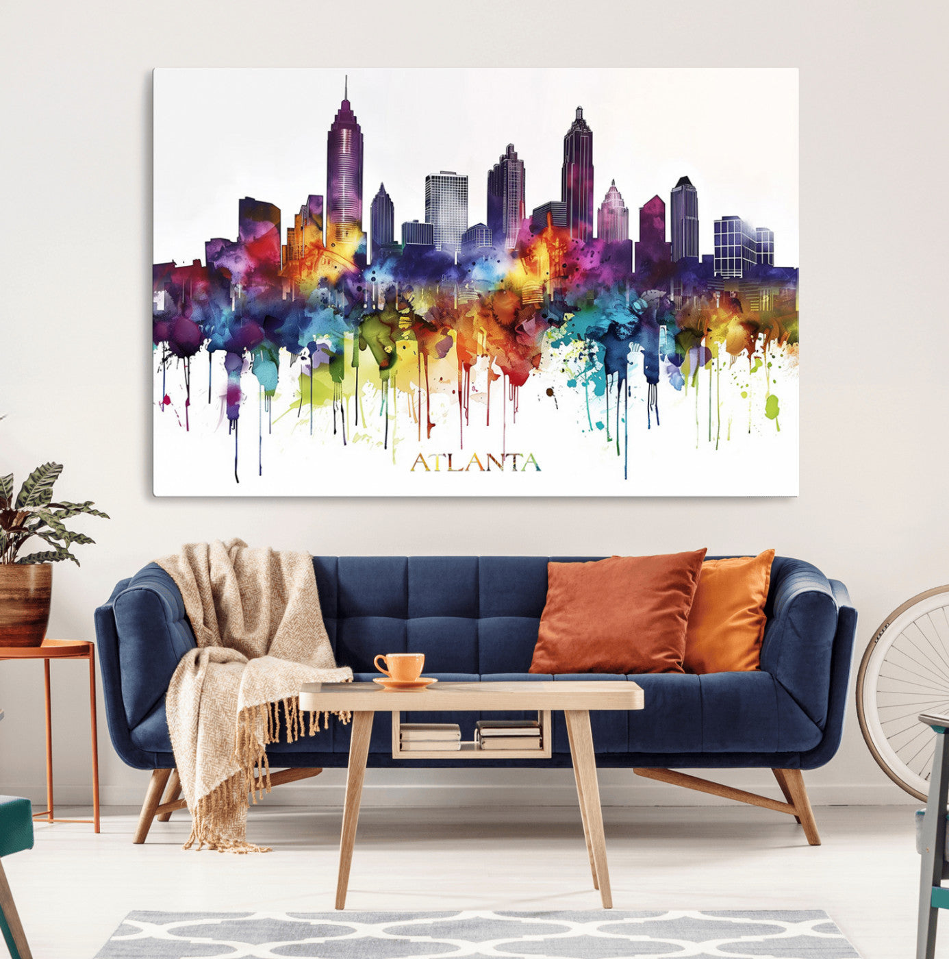 36048320-MGV-CV-36X24-Atlanta Skyline Wall Art Canvas Print – Framed Colorful Watercolor Cityscape Abstract Urban Artwork for Home, Office