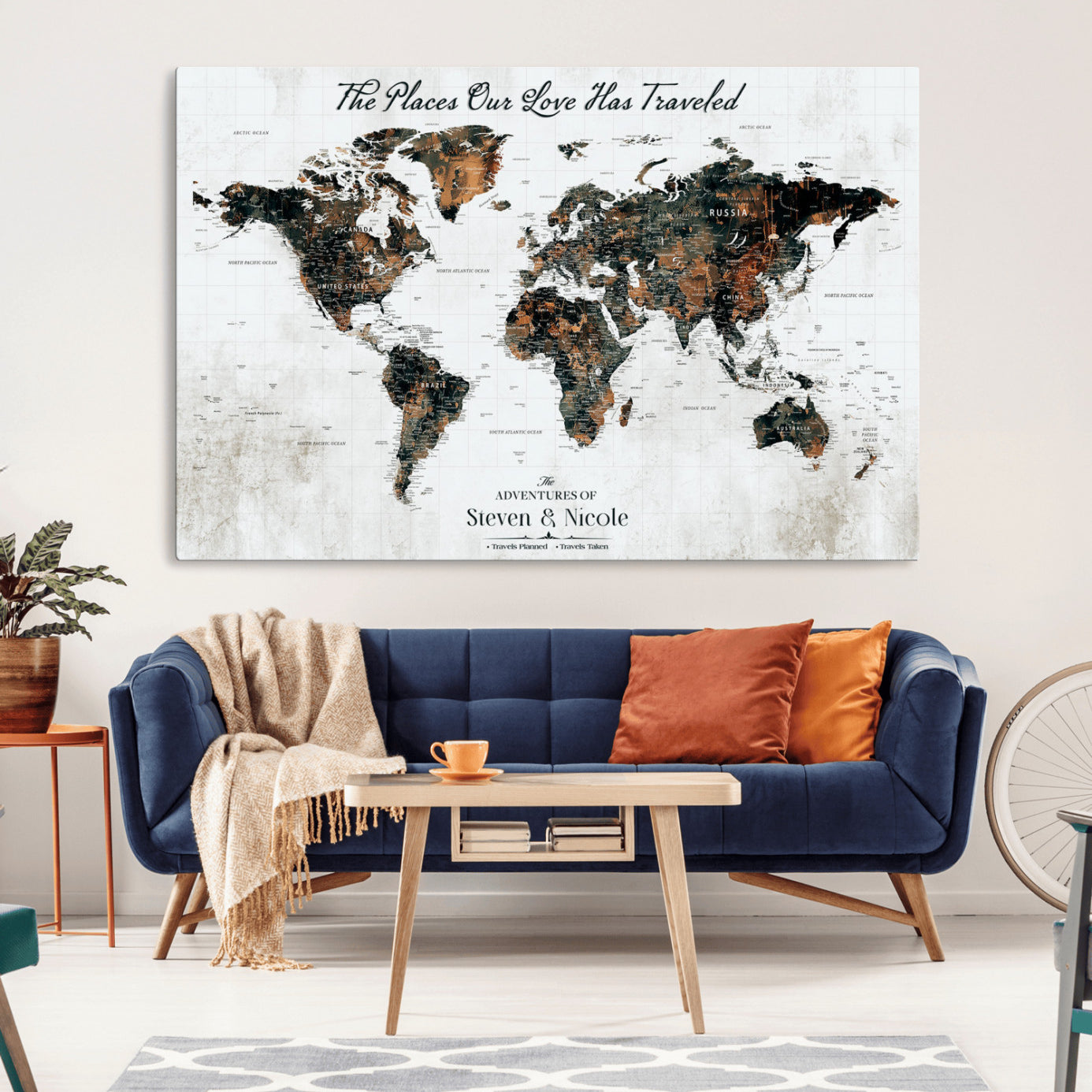 89231588-MGV-CV-36X24-Personalized Push Pin World Map Canvas – Custom Framed Travel Tracker Wall Art, Large Adventure Map with Pins for Home, Office