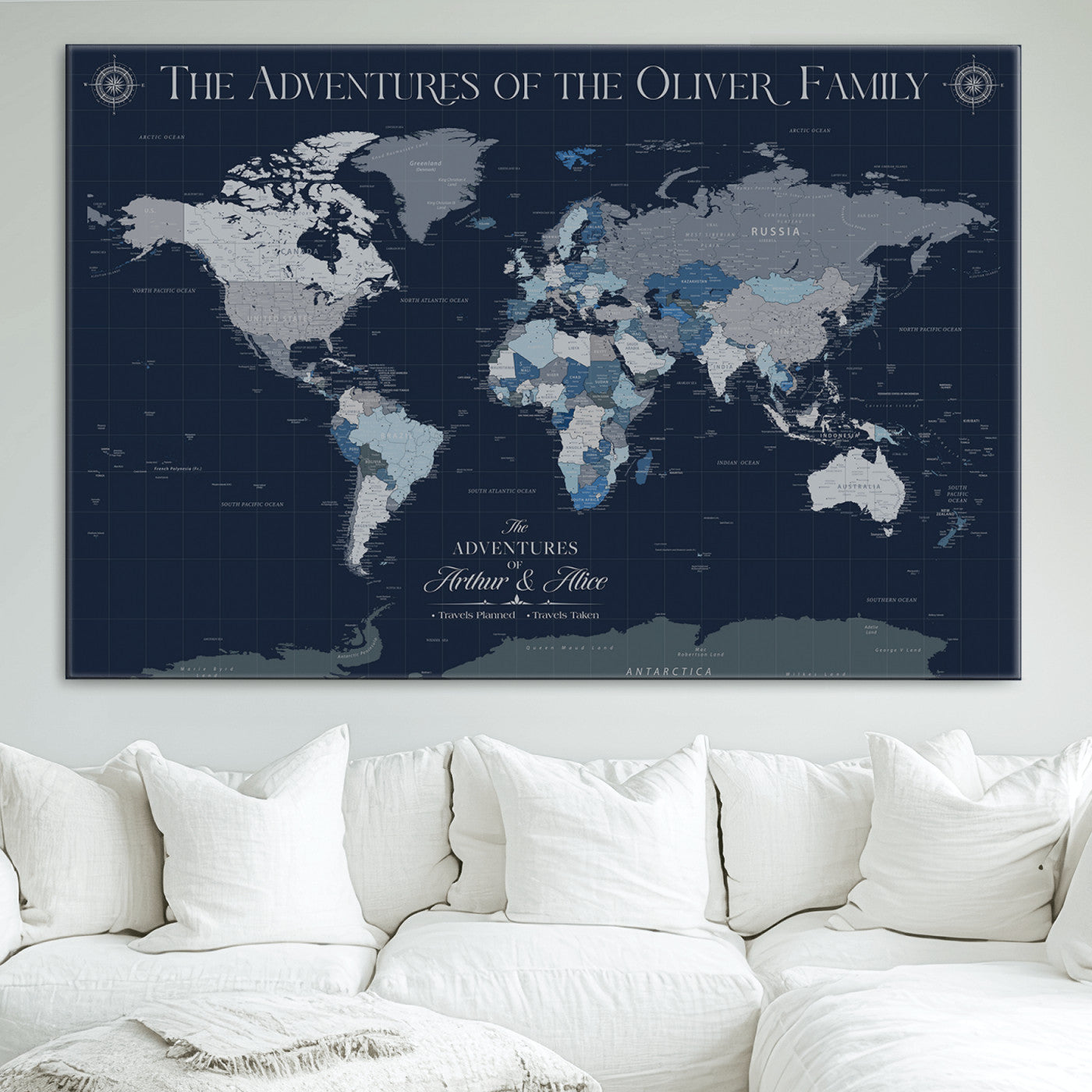 -Personalized Family Adventure World Map – Custom Framed Push Pin Travel Tracker Canvas, Elegant Wall Art for Home, Office